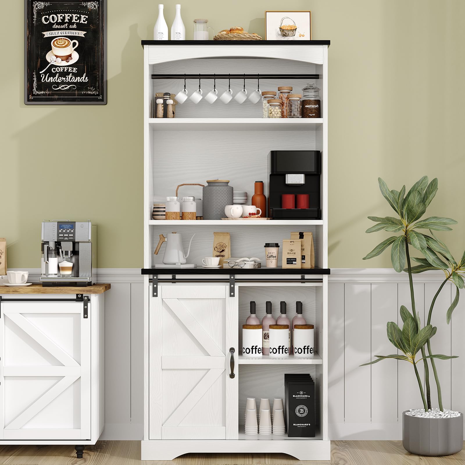Farmhouse Tall Coffee Bar with Tall Hutch, White Coffee Bar Cabinet with 3 Tier Shelves, 70 Inch Buffet Cabinet with Sliding Barn Door and Adjustable