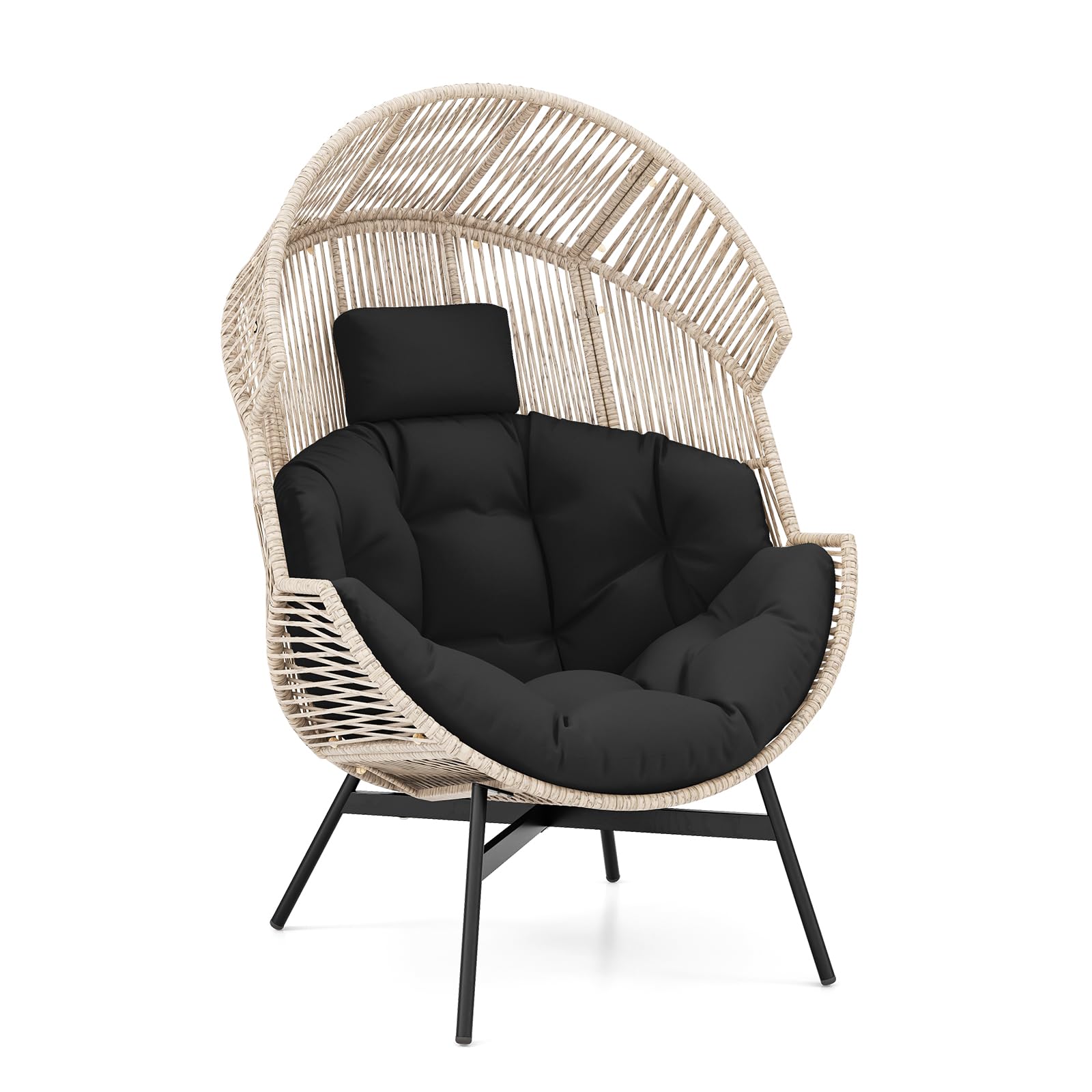 Oversized Wicker Egg Chair with Cushions & Headrest, Stationary Patio Basket Lounge Chair, Heavy-Duty Frame for Porch, Yard, Living Room