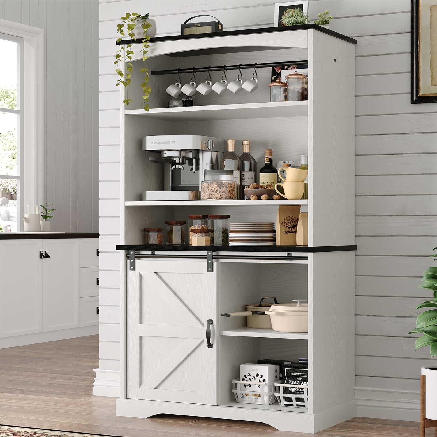 Farmhouse Tall Coffee Bar with Tall Hutch, White Coffee Bar Cabinet with 3 Tier Shelves, 70 Inch Buffet Cabinet with Sliding Barn Door and Adjustable