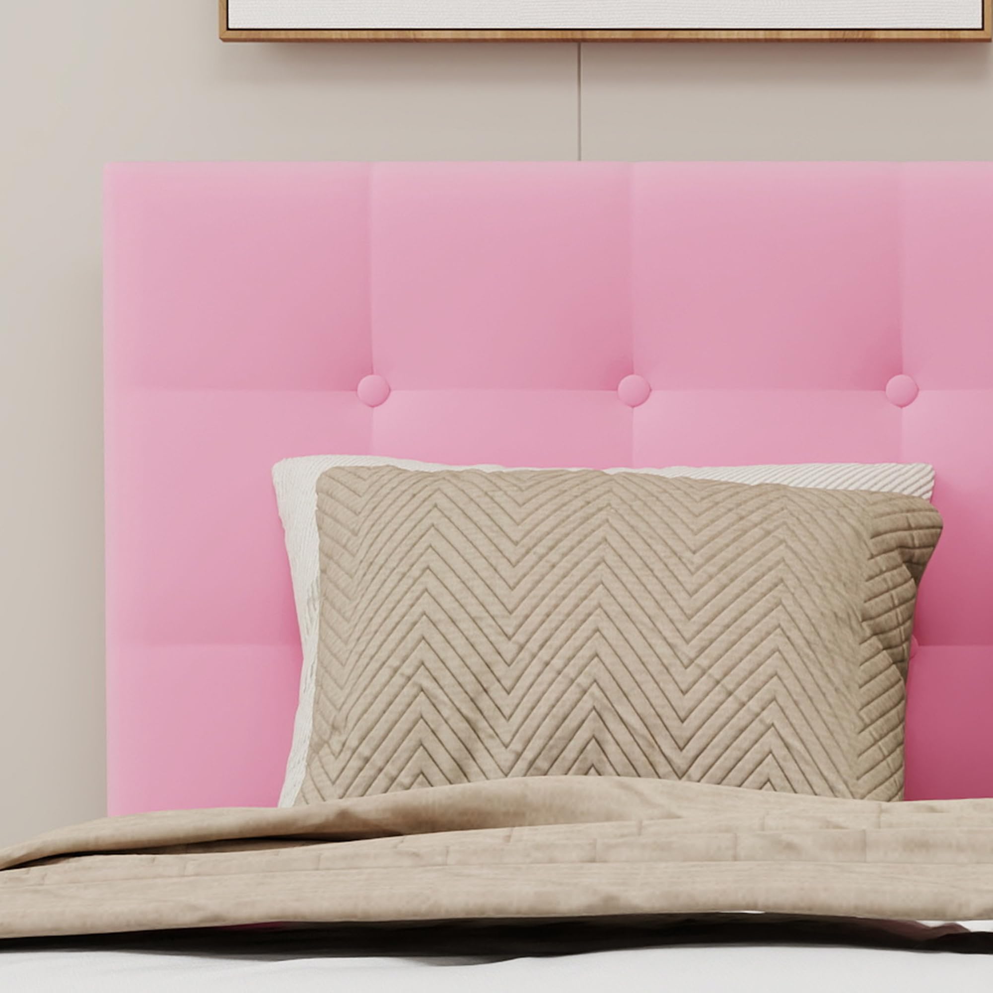 Upholstered Platform Bed Frame Full Size with Button Tufted Velvet Headboard Easy Assembly No Box Spring Needed Pink