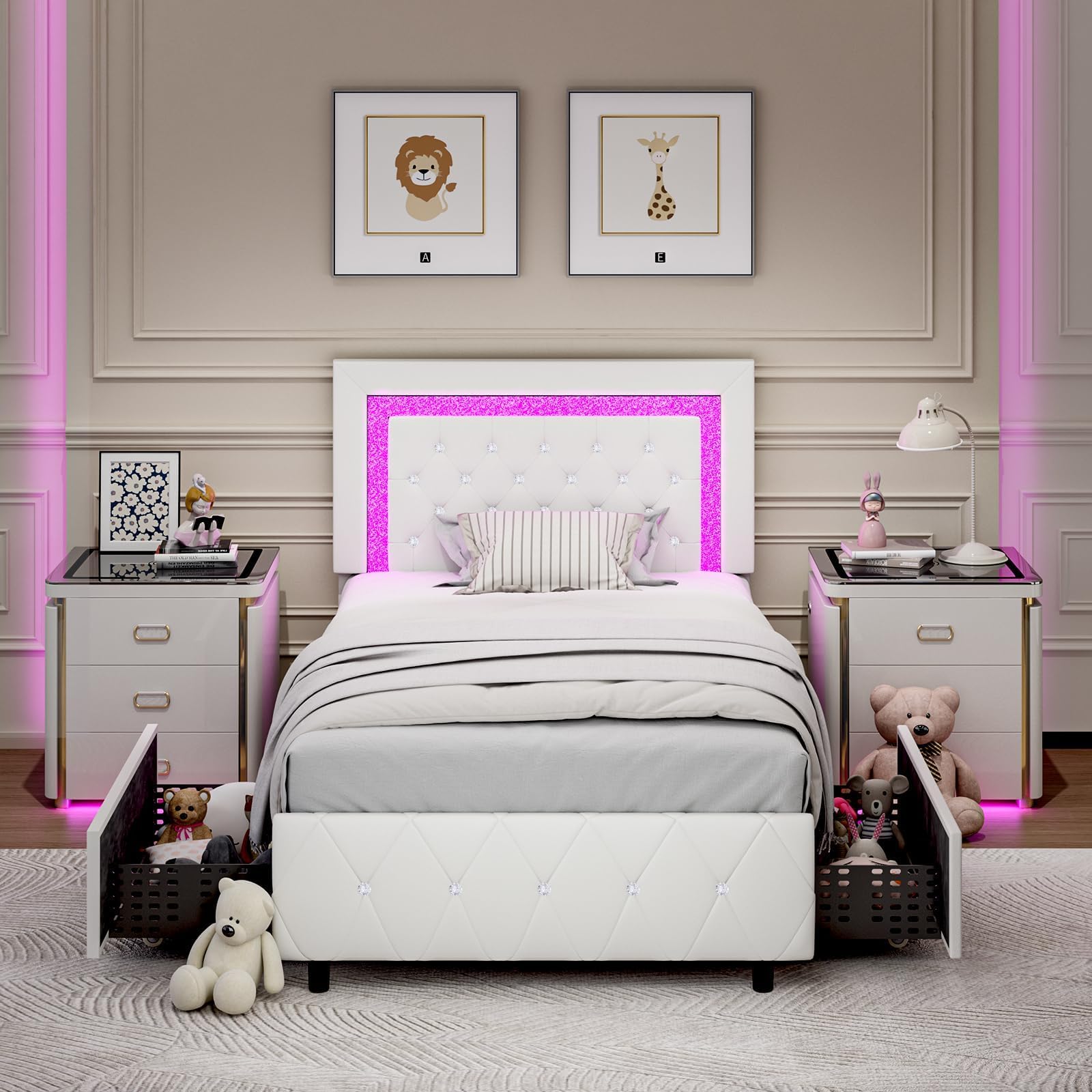 Twin Upholstered Bed Frame with LED Lights, Storage Drawers, Crystal Tufted Headboard, Princess Style, No Box Spring – White