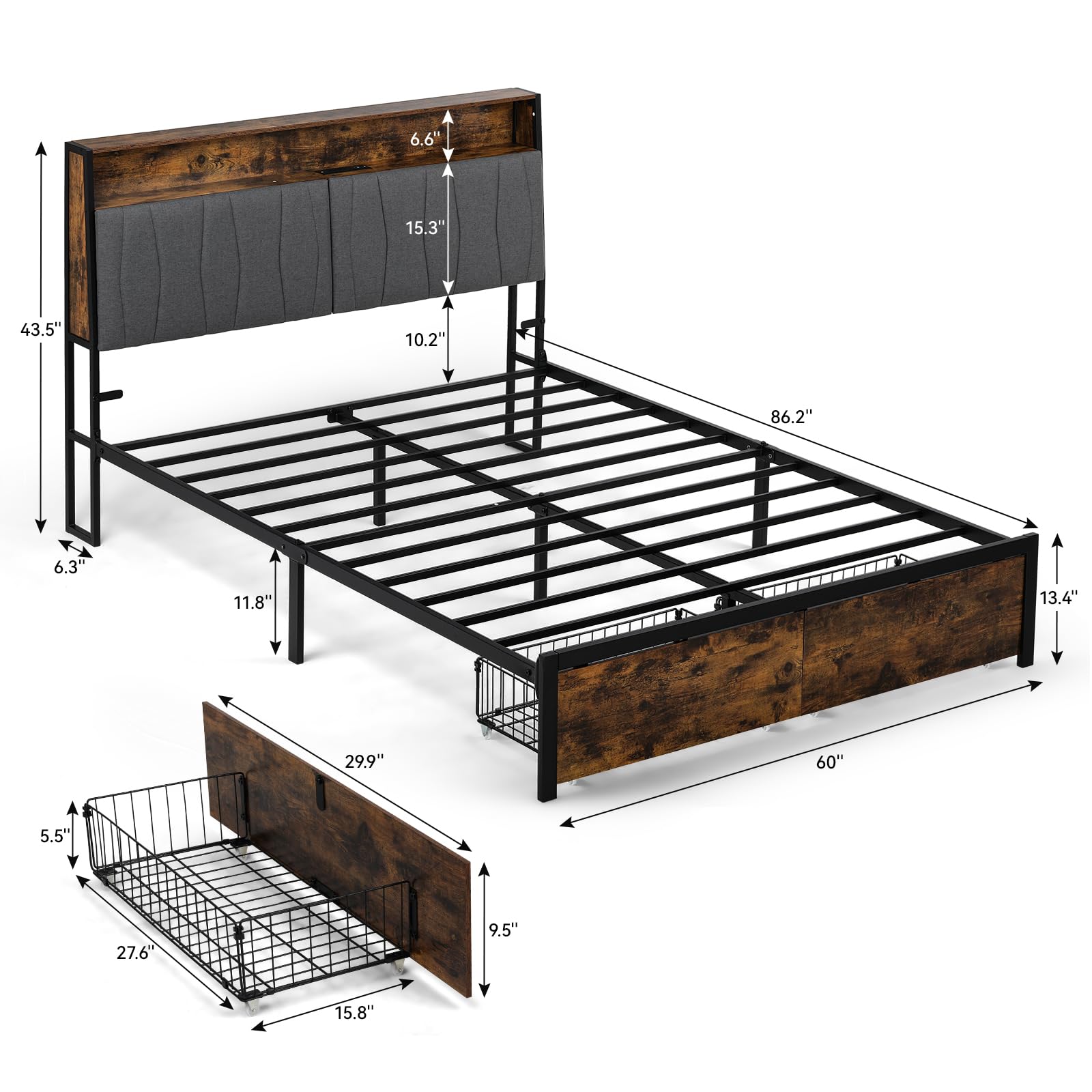 Platform Bed Frame with LED Lights and Charging Station, Storage Headboard and Footboard Drawers, , Rustic Wood Look (Queen)