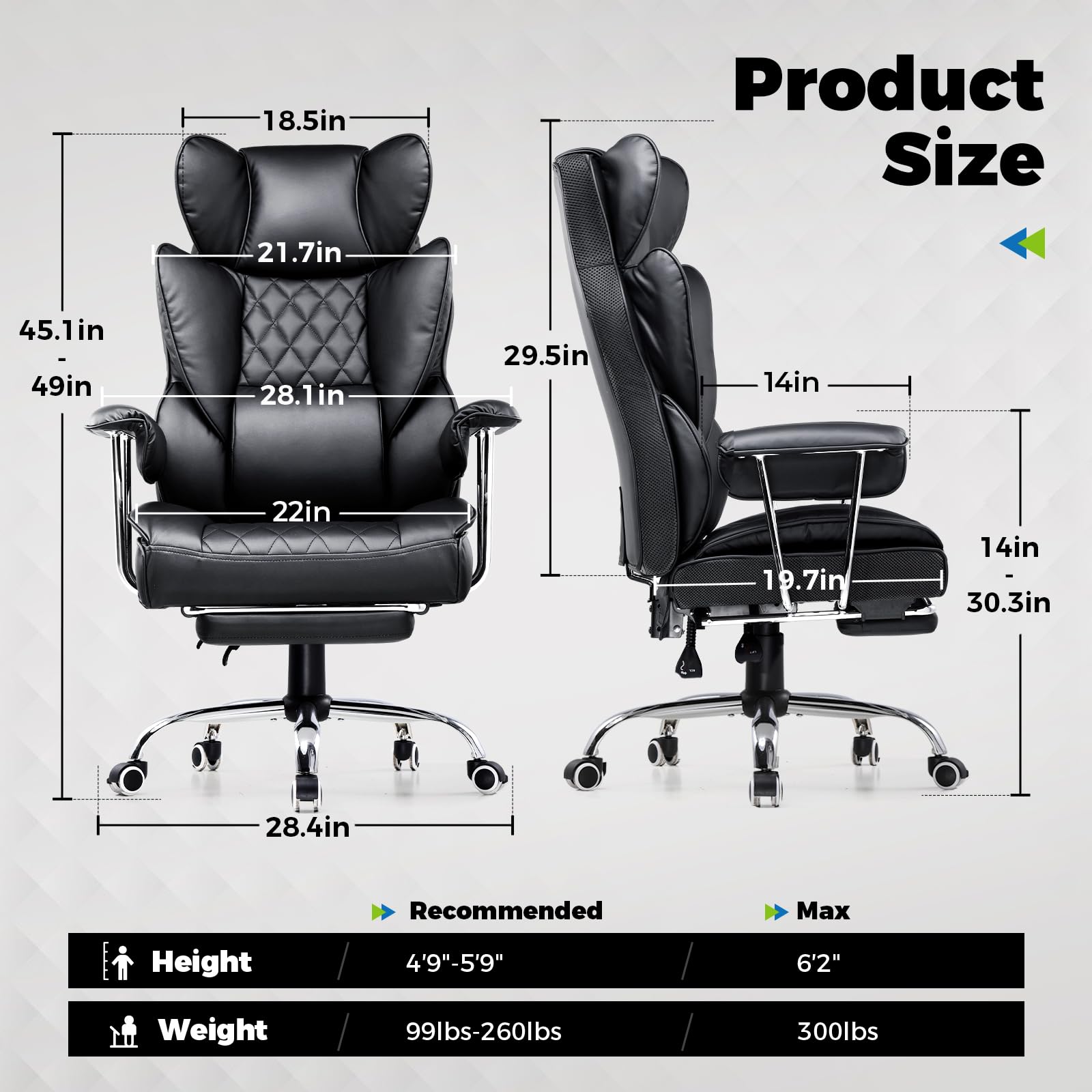 Big and Tall Office Chair, High Back Leather Gaming Chair with Footrest, Ergonomic Executive Chair with Lumbar Support & Soft Armrests