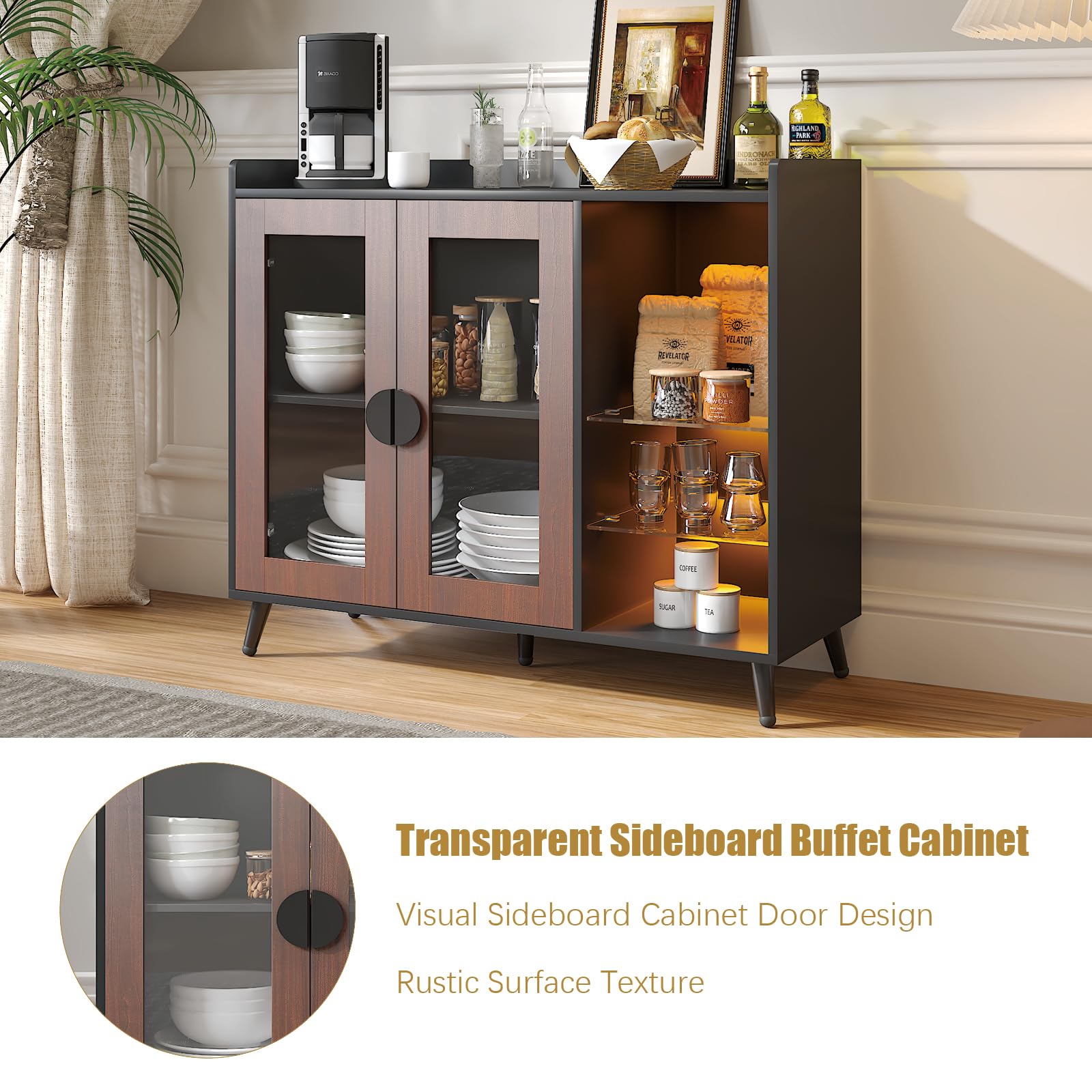 Sideboard Buffet Cabinet with Storage, Modern LED Coffee Bar Buffet Table with Acrylic Doors & Glass Storage Shelves, Sideboard for Kitchen,