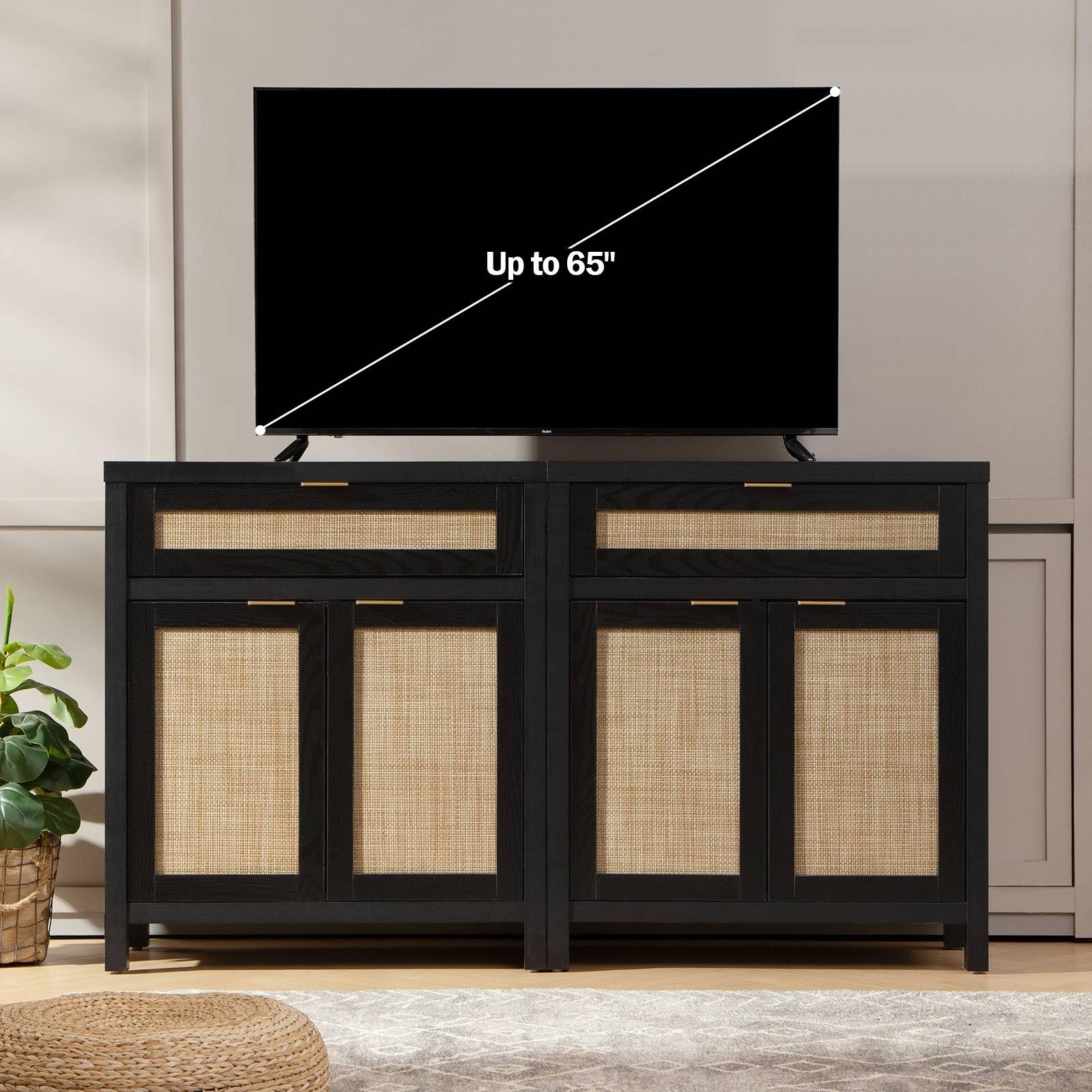 Sideboard Buffet Storage Cabinet Set of 2, Rattan Credenza Buffet Table, Modern Console Accent Cabinet with Doors and Drawer, Coffee Bar