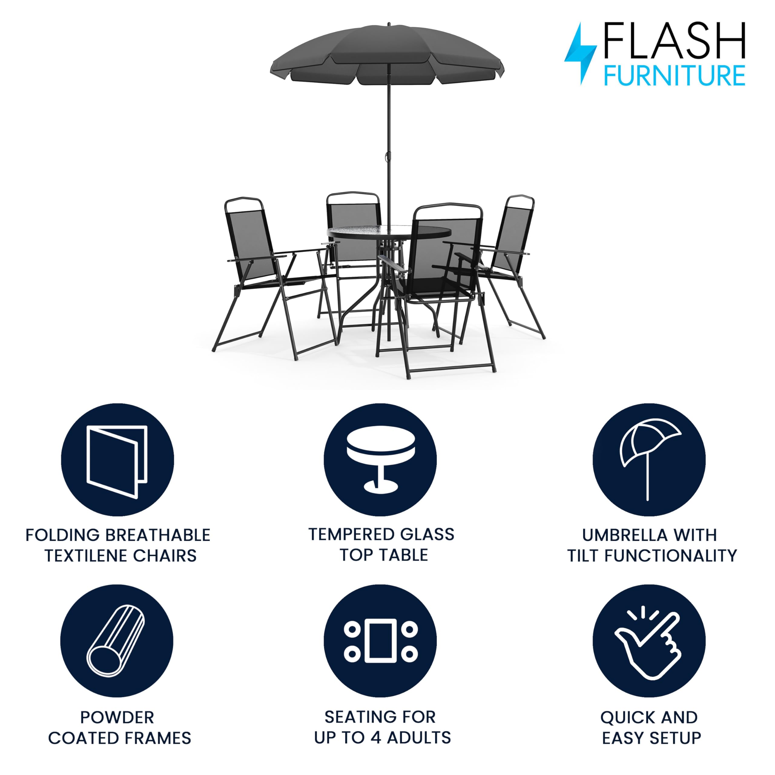 Nantucket 6-Piece Patio Dining Set with Glass Table, 4 Folding Chairs, and Umbrella, Outdoor Patio Set, Black