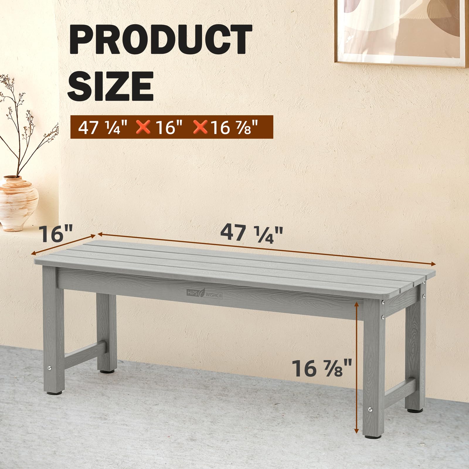 Outdoor Bench, 2-Person Backless Poly Lumber Bench, Weatherproof & Fade-Resistant, Perfect for Garden, Porch, Patio, Park, Grey