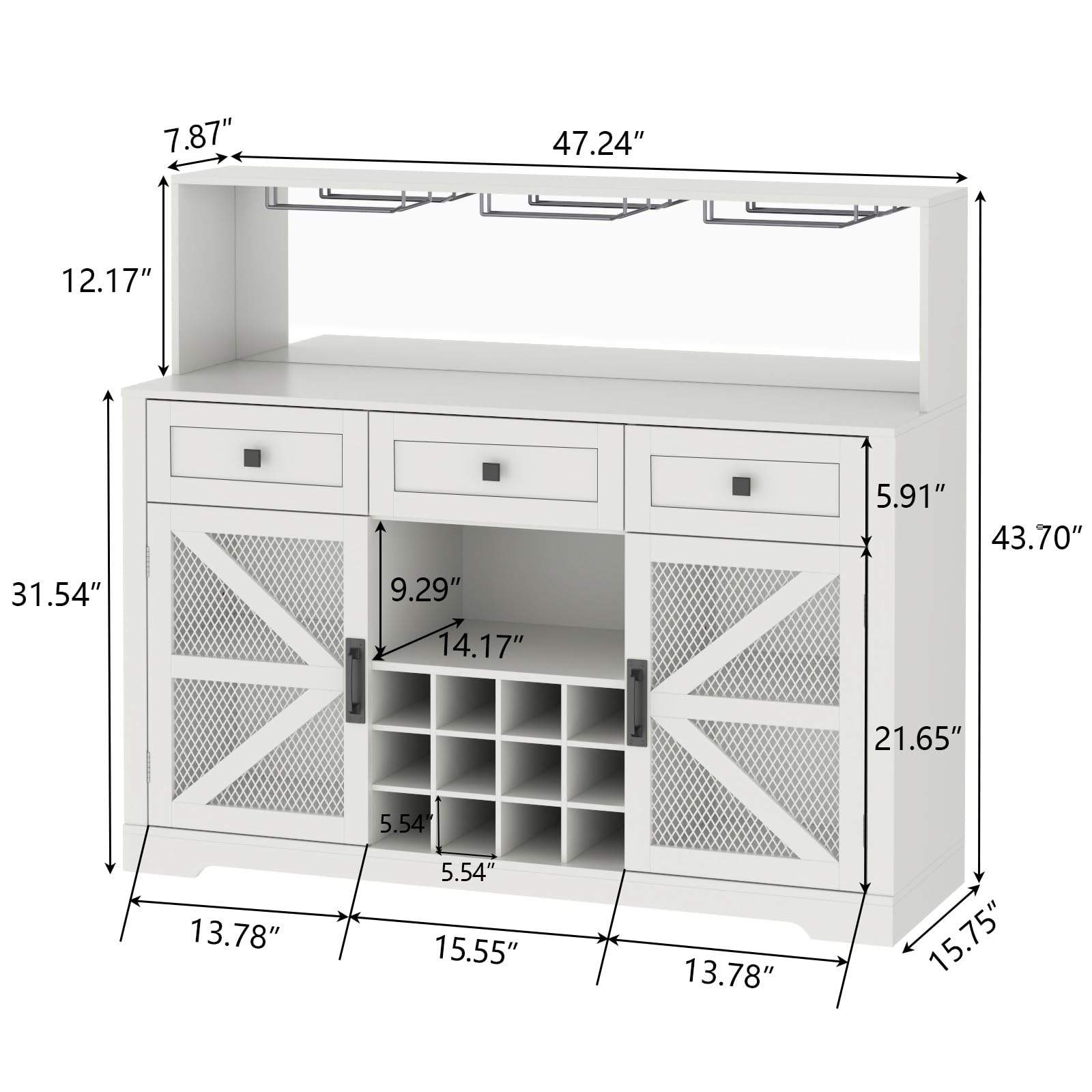Wine Bar Cabinet with LED Light, Kitchen Buffet with Storage Cabinet & 3 Sliding Drawers, Adjustable Shelf, Goblet Holder, Acrylic Mirror