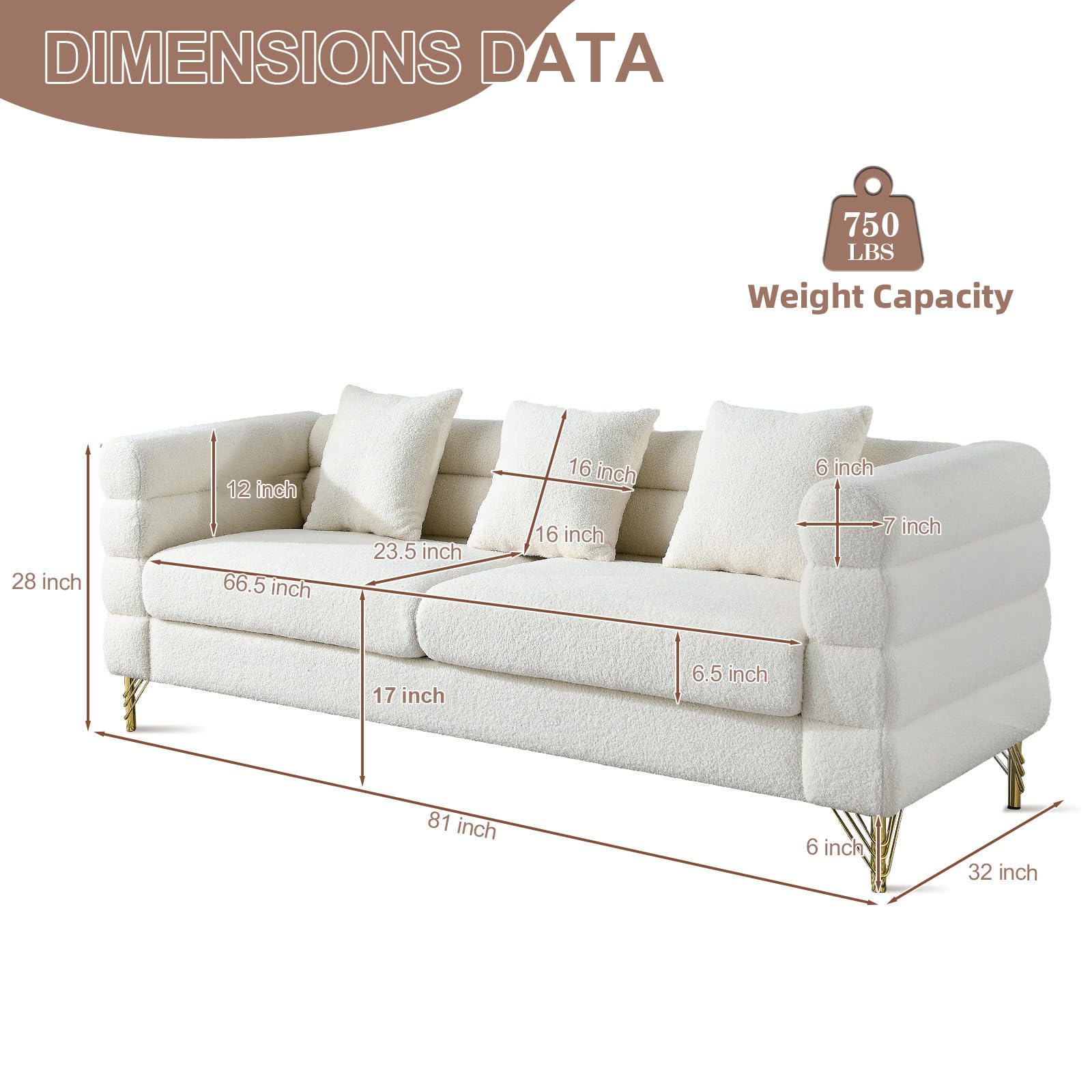 81" Modern Sofa Couch, Teddy Bouclé Oversized 3-Seater Loveseat with Deep Seats, Gold Legs & Pillows, for Living Room, Bedroom, White