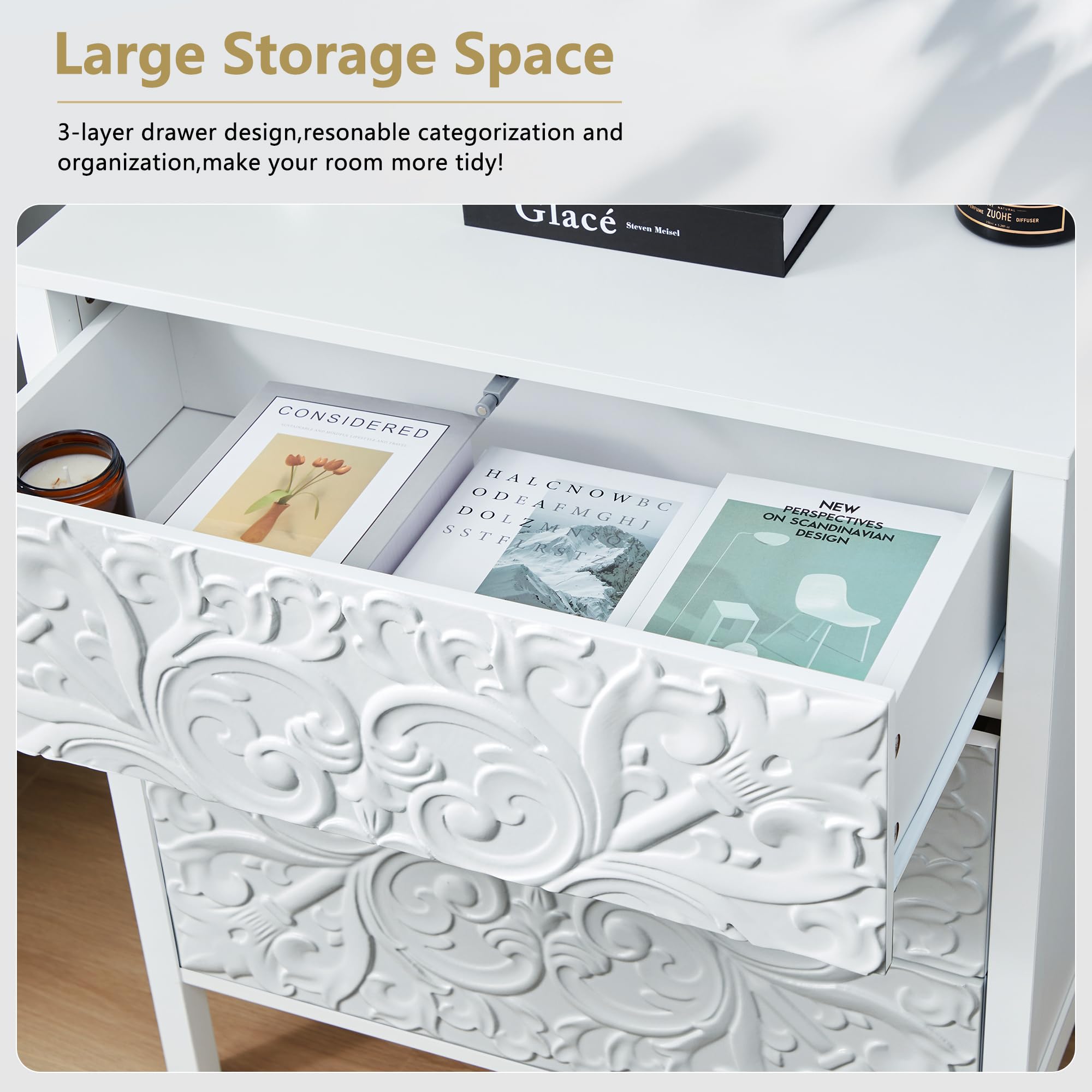White 3 Drawer Dresser, Wide Chest of Drawers with Storage, Accent Nightstand Cabinet Luxury Carving Dresser for Bedroom Hallway Living Room Entryway Office