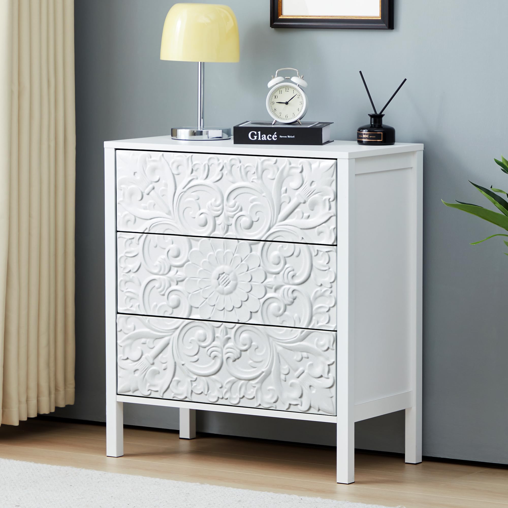 White 3 Drawer Dresser, Wide Chest of Drawers with Storage, Accent Nightstand Cabinet Luxury Carving Dresser for Bedroom Hallway Living Room Entryway Office
