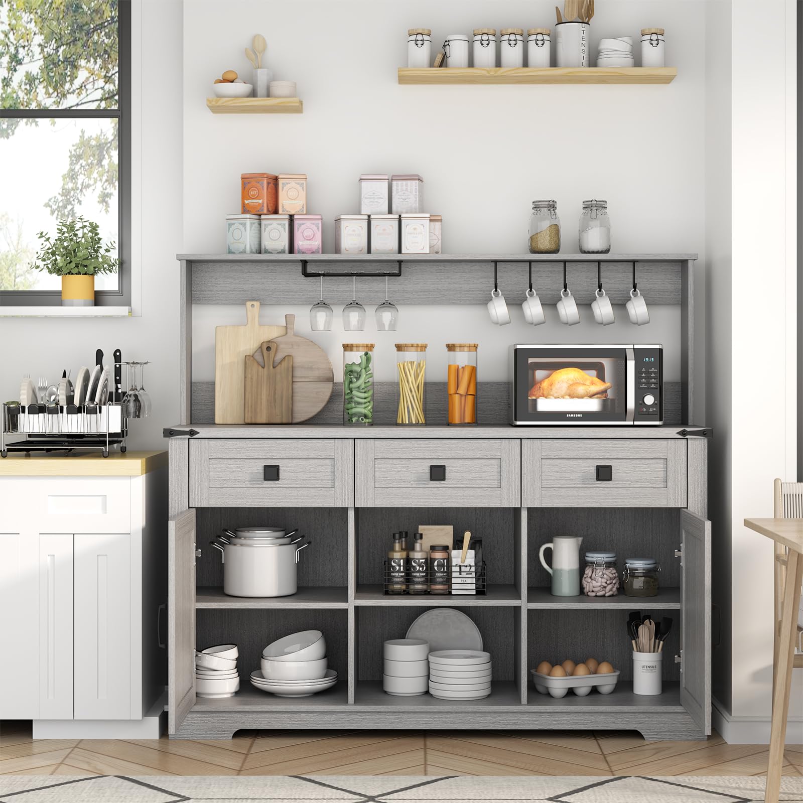 Farmhouse Bar Cabinet with Hutch, Kitchen Buffet Cabinet with Storage Cabinet & 3 Sliding Drawers, Adjustable Shelf, Goblet Holder, Cup