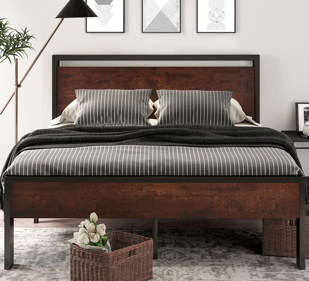 14 Inch Full Size Metal  with Wooden Headboard and Footboard, , , Large Under Bed Storage, Non-Slip Without Noise, Mahogany