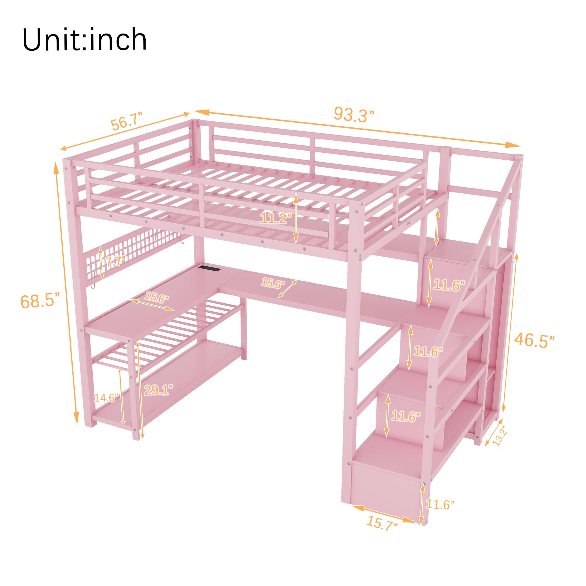 Full Size Metal Loft Bed with LED, Desk, Drawers, Shelves, Hanging Rod & Charging Station – Gaming Loft Bed for Teens/Kids, Pink