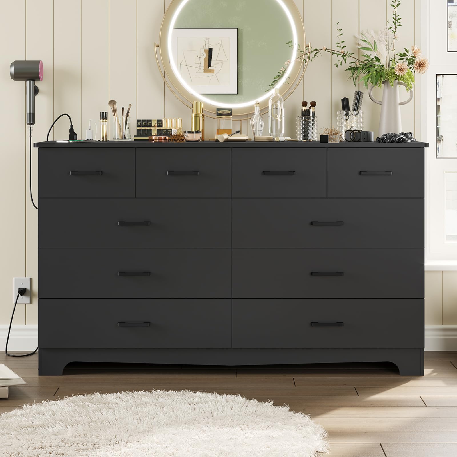 Black 10 Drawer Dresser with Power Outlets, 55" Wide Chest of Drawers TV Stand for Bedroom, Living Room, Storage Organizer
