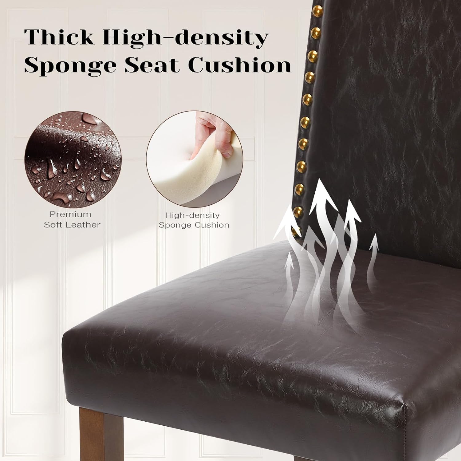 Dining Chairs Set of 2, PU Leather Upholstered Mid Century Modern High-End Dining Room Side Chair with Nailhead Trim and Solid Wood Legs