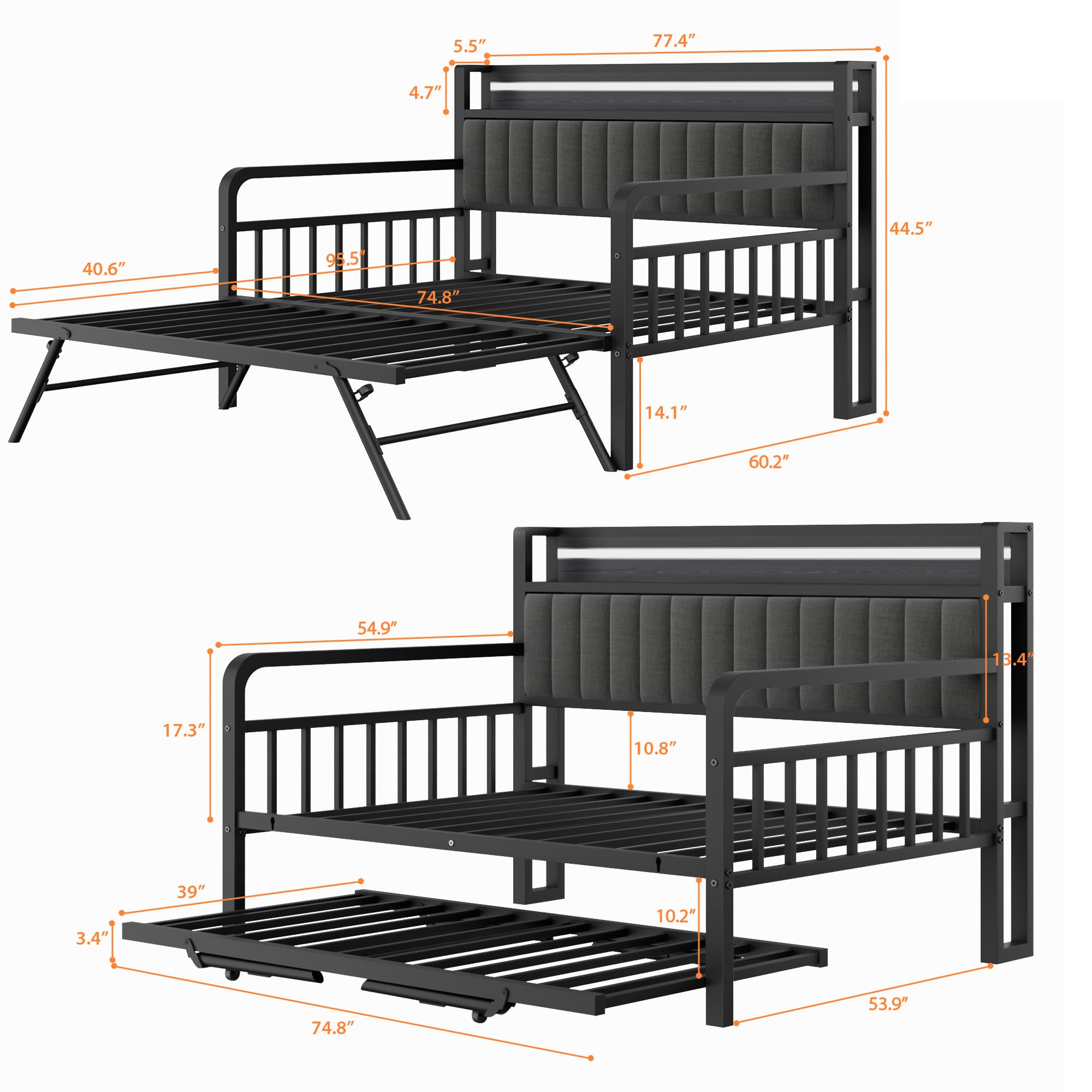 Full Daybed with Pop-Up Trundle, LED Light, Upholstered Storage Headboard & Charging Station, Heavy-Duty Metal Frame, Black