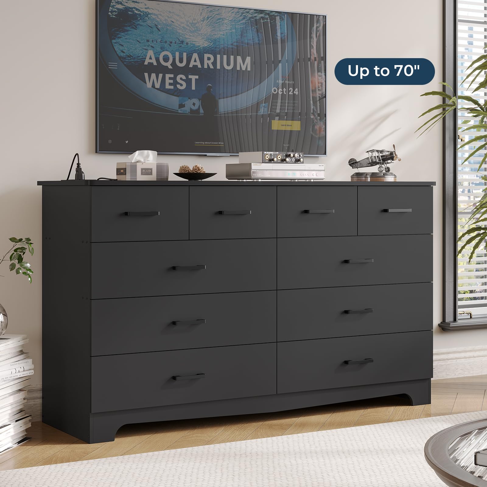 Black 10 Drawer Dresser with Power Outlets, 55" Wide Chest of Drawers TV Stand for Bedroom, Living Room, Storage Organizer