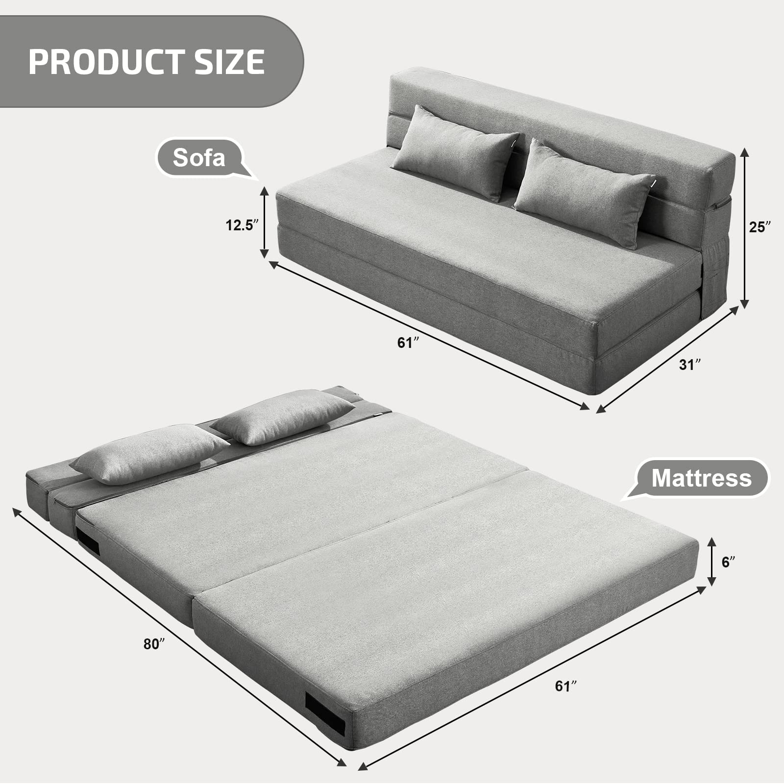 Folding Sofa Bed with Pillows, Convertible Floor Couch & Memory Foam Mattress, Queen Sleeper for Living Room, Dorm, Guest Room, Light Gray