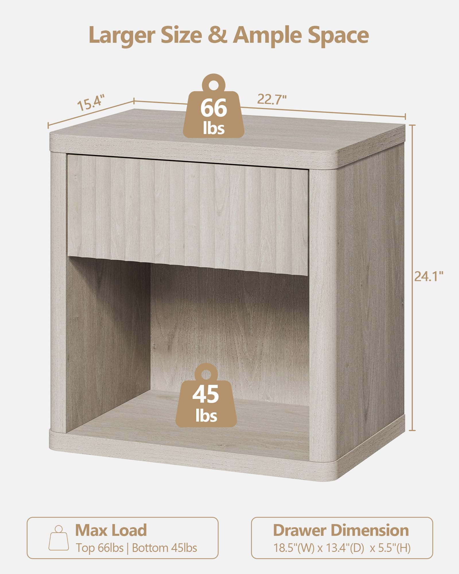 Set of 2 Modern Nightstands with Drawer Storage, Fluted Bedside Tables, Wide Mid-Century End Tables for Bedroom, Living Room, White Alder