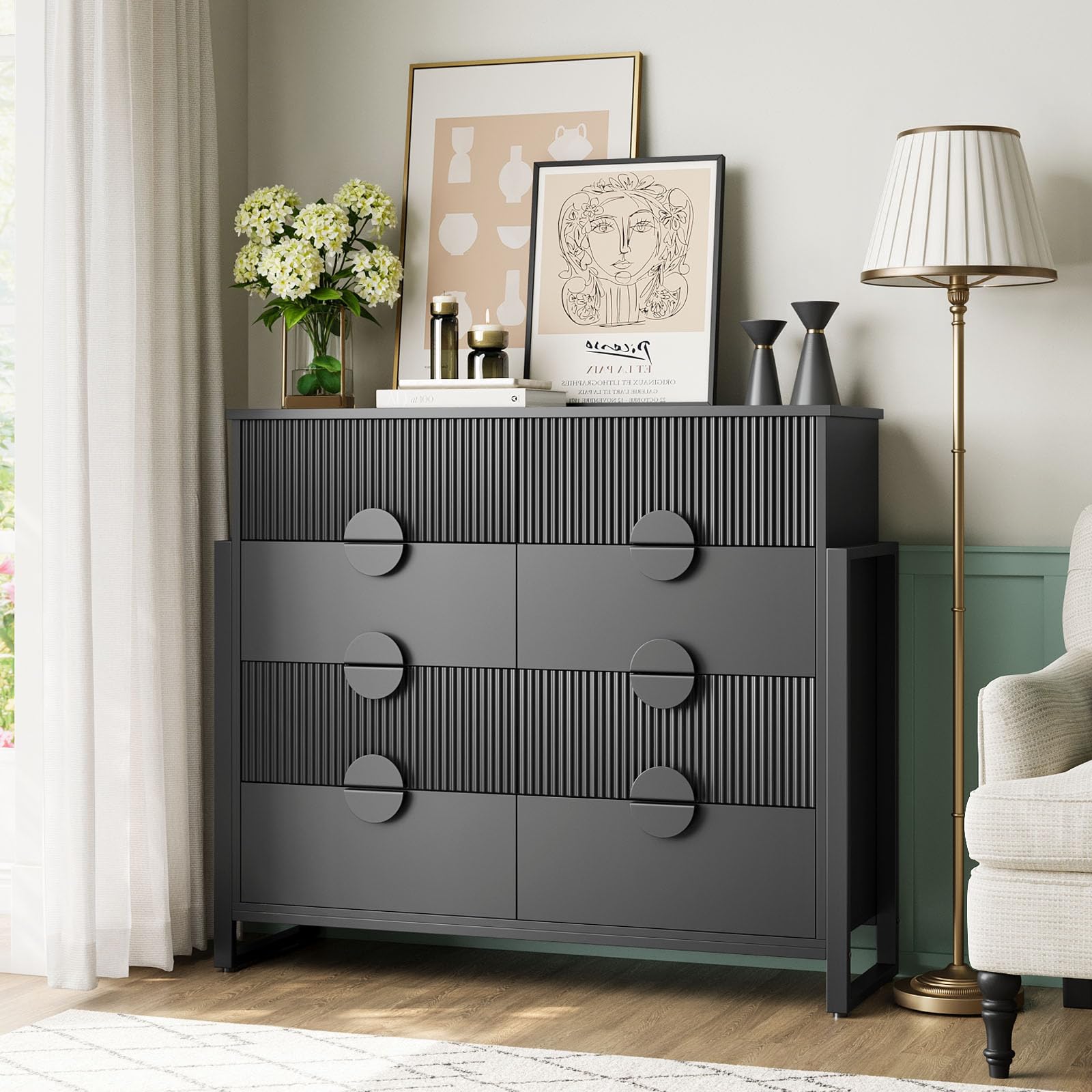 Fluted Black Dresser, 50" Wide Modern Chest with 8 Deep Drawers, 42.8" Tall, Raised H Legs & Curved Profile, Easy Round Handles, Black