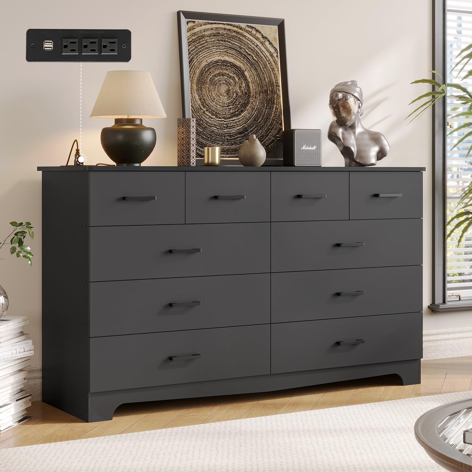 Black 10 Drawer Dresser with Power Outlets, 55" Wide Chest of Drawers TV Stand for Bedroom, Living Room, Storage Organizer