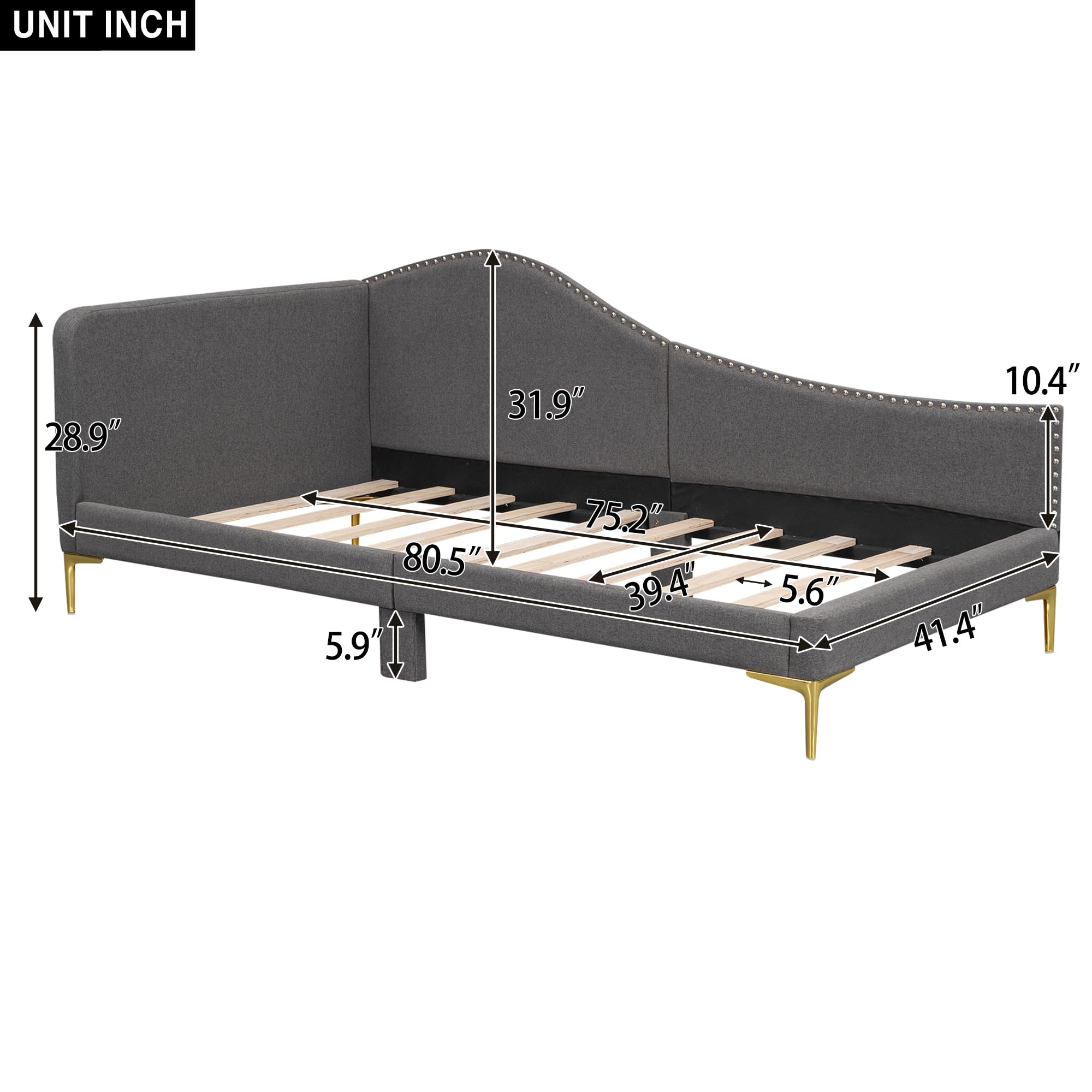 Furni Hub Twin Size Upholstered Daybed with Headboard and Armrest, Grey Bed Frame with Support Legs