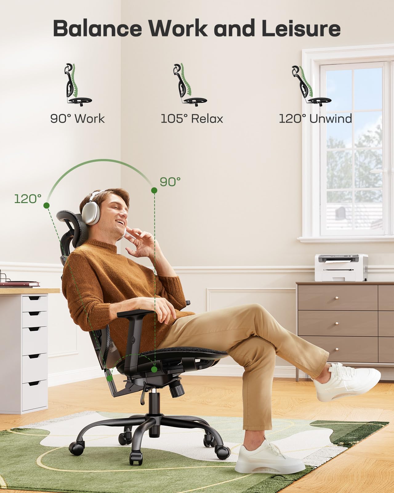 Ergonomic Mesh Office Chair, Computer Desk Chair with Adjustable Lumbar, 2D Headrest & Armrests, Comfortable Gaming Chair, Black
