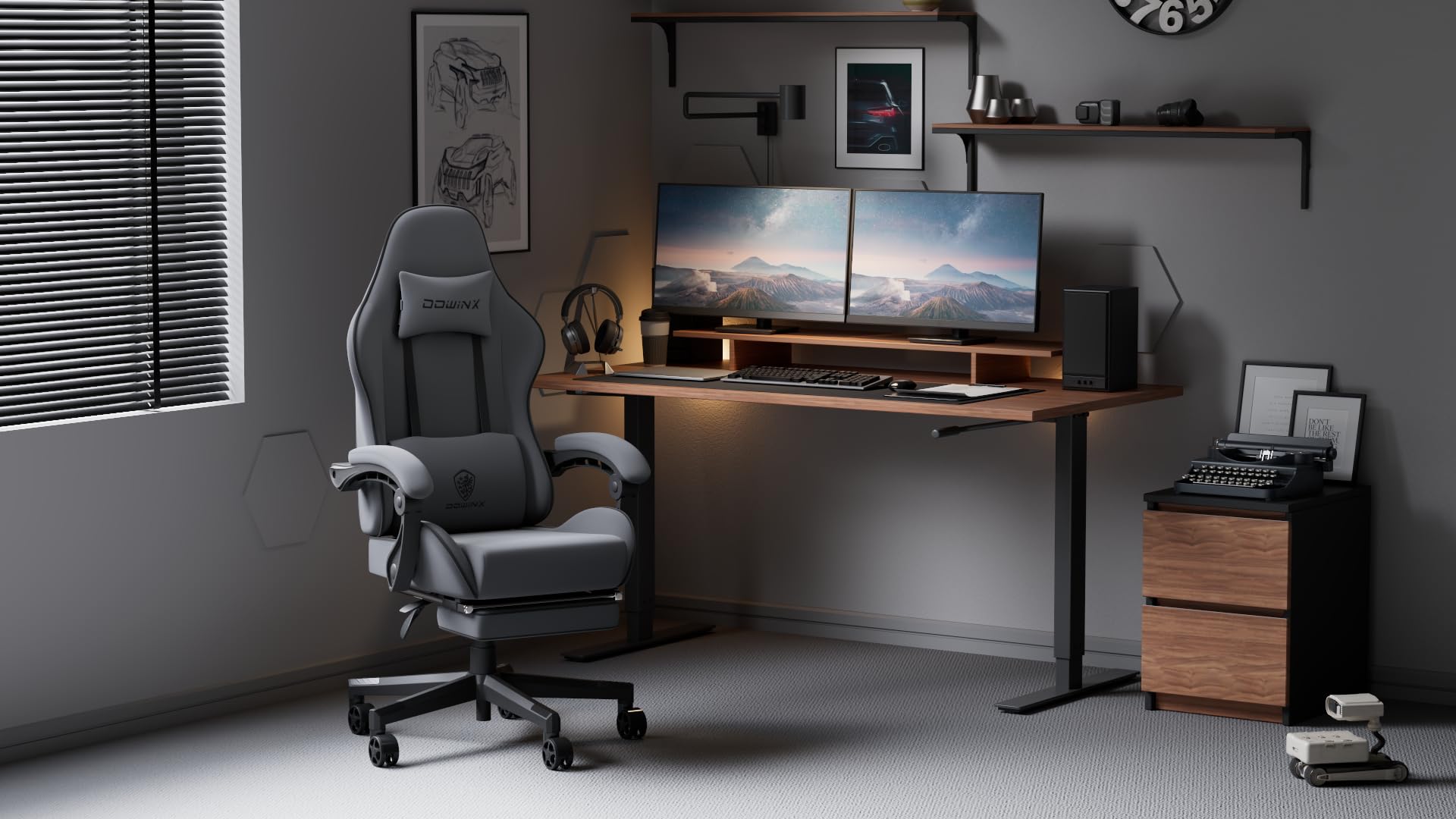 Gaming Chair Fabric with Pocket Spring Cushion, Massage Game Chair Cloth with Headrest, Ergonomic Computer Chair with Footrest 290LBS, Black and Grey
