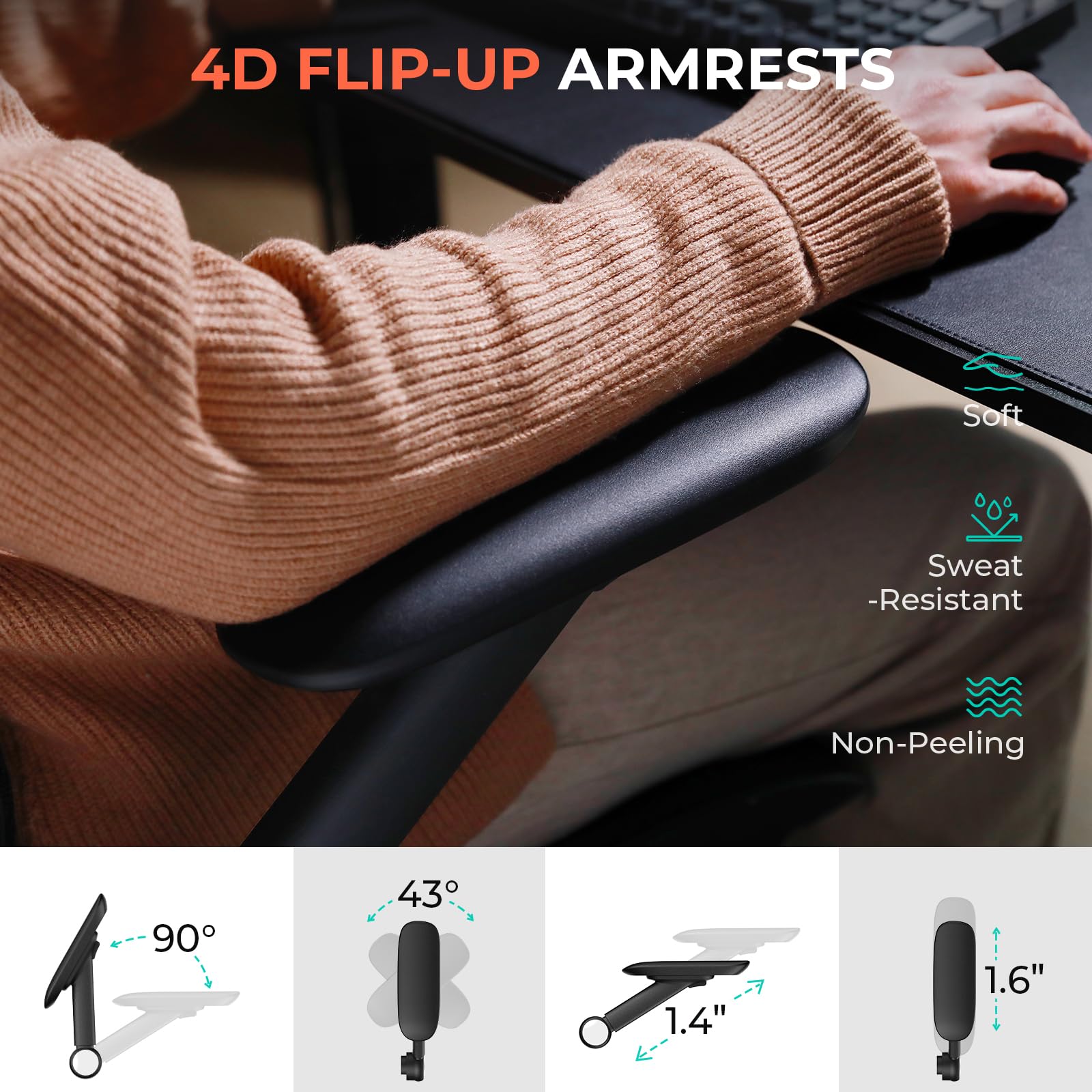 Ergonomic Mesh Office Chair, High Back Desk Chair 400lbs with 3D Headrest, Adjustable Lumbar, 4D Flip-Up Arms, PU Wheels, Tilt & Swivel