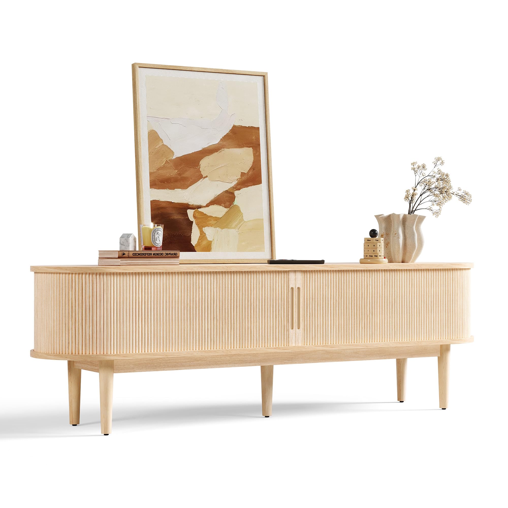 Fluted TV Stand for 75" TV, Mid-Century Modern 70" Entertainment Center with Sliding Tambour Door & Storage Cabinet, Curved Media Console, Oak