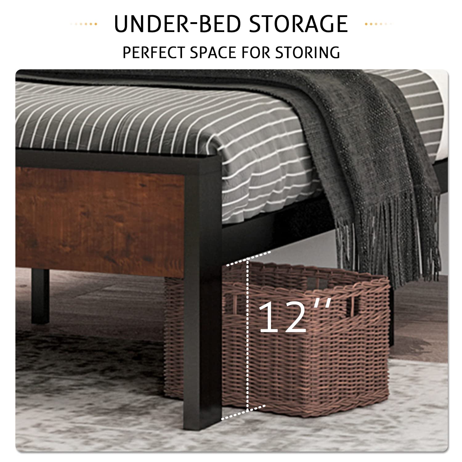 14 Inch Full Size Metal  with Wooden Headboard and Footboard, , , Large Under Bed Storage, Non-Slip Without Noise, Mahogany