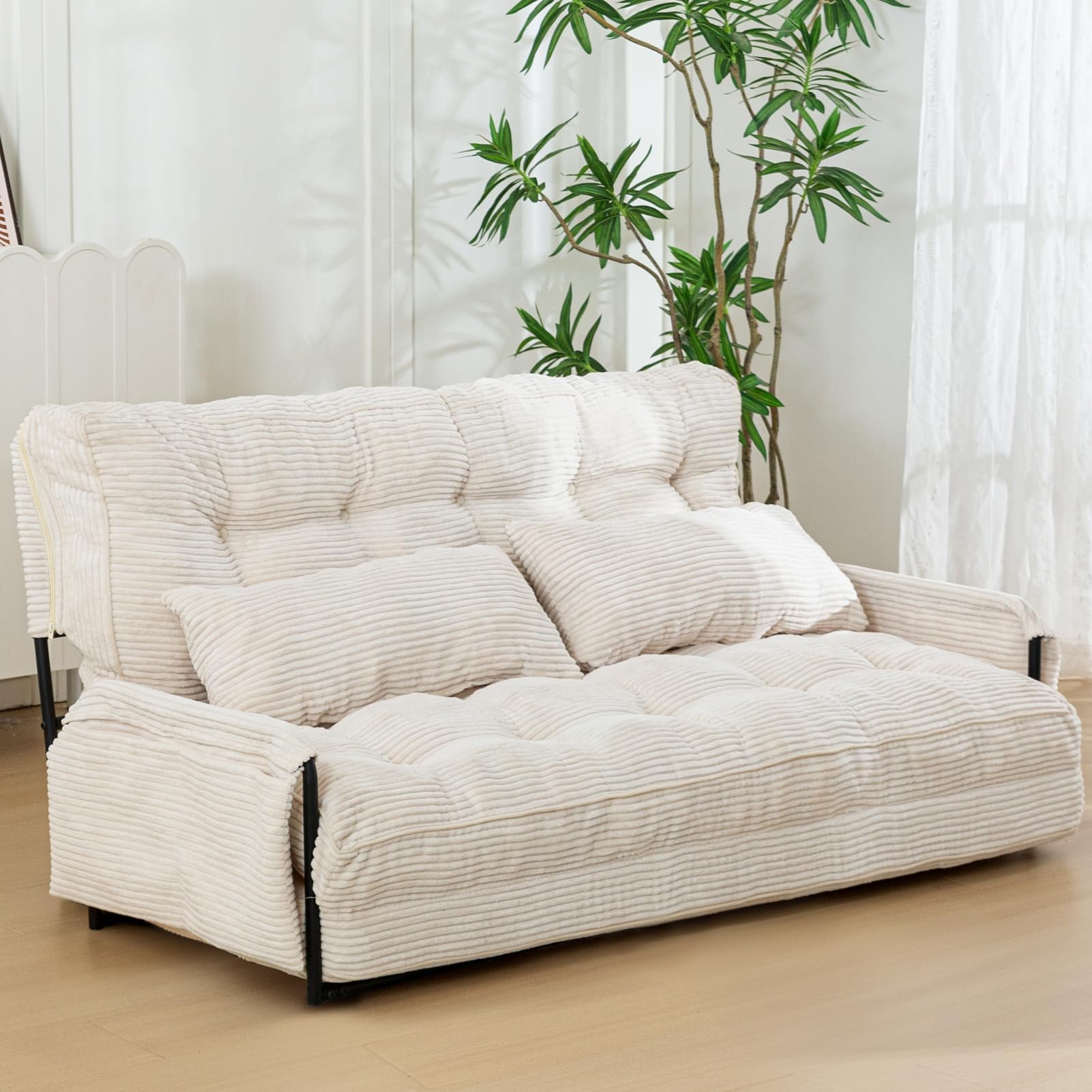 Adjustable Floor Sofa Couch with 2 Pillows, 5-Position Foldable Sleeper Bed, Lazy Bean Bag Sofa for Reading, Gaming, Beige, Double Size