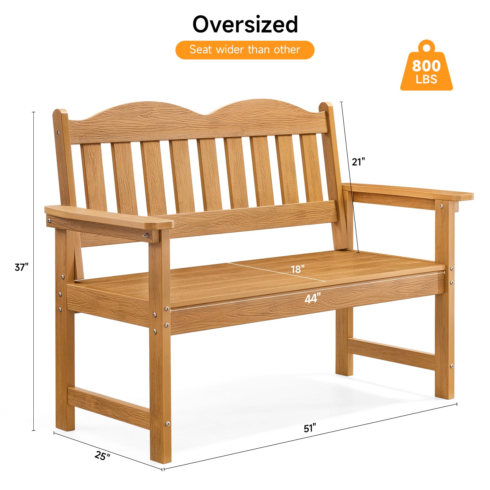 Outdoor Garden Bench, 2-Person Poly Lumber Patio Bench with Armrests, 800 lbs Capacity, All-Weather for Porch, Backyard, Park, Teak