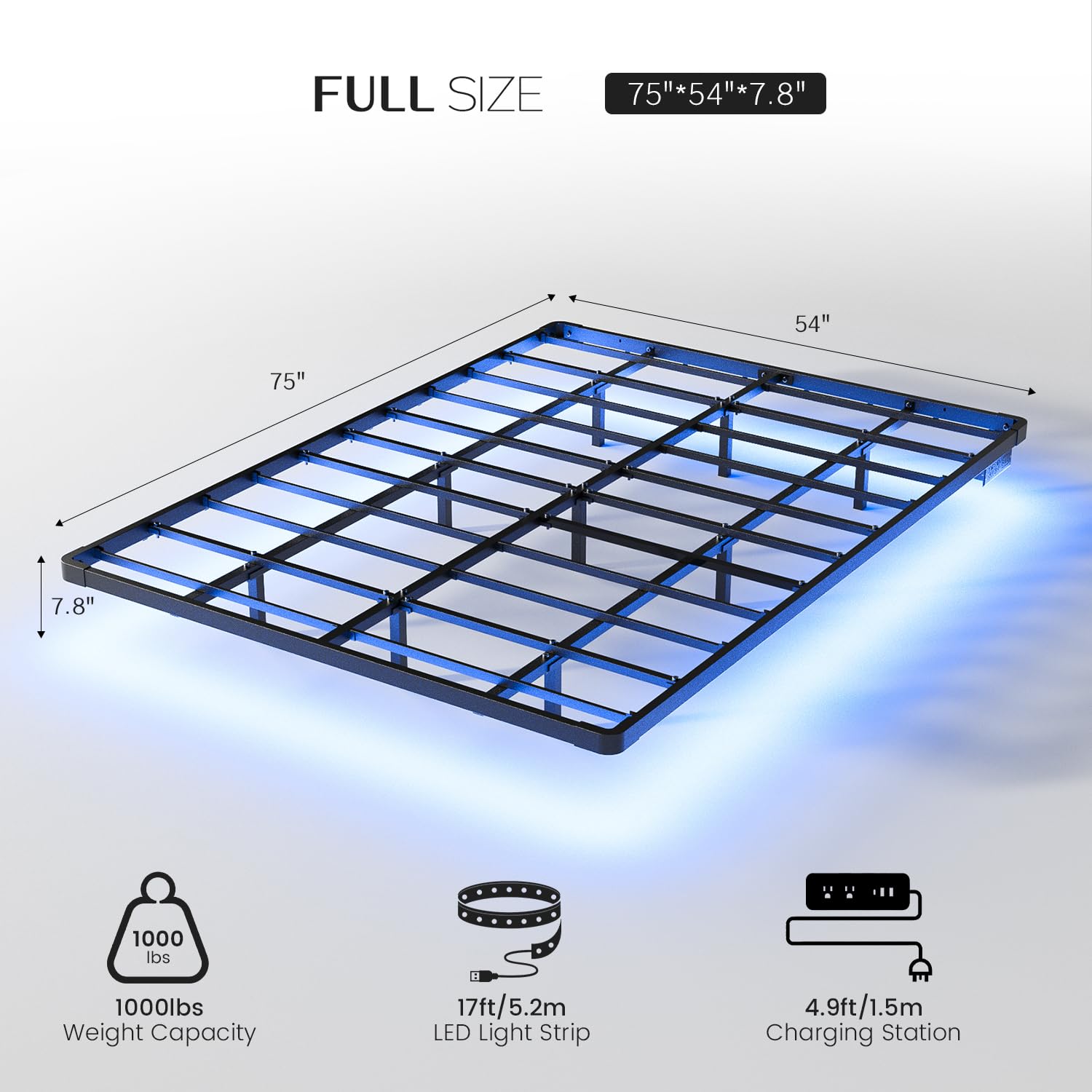 Floating Bed Frame Full Size with Smart LED Lights and Charging Station - Modern Metal Platform Bed, Easy Assembly No Box Spring Needed