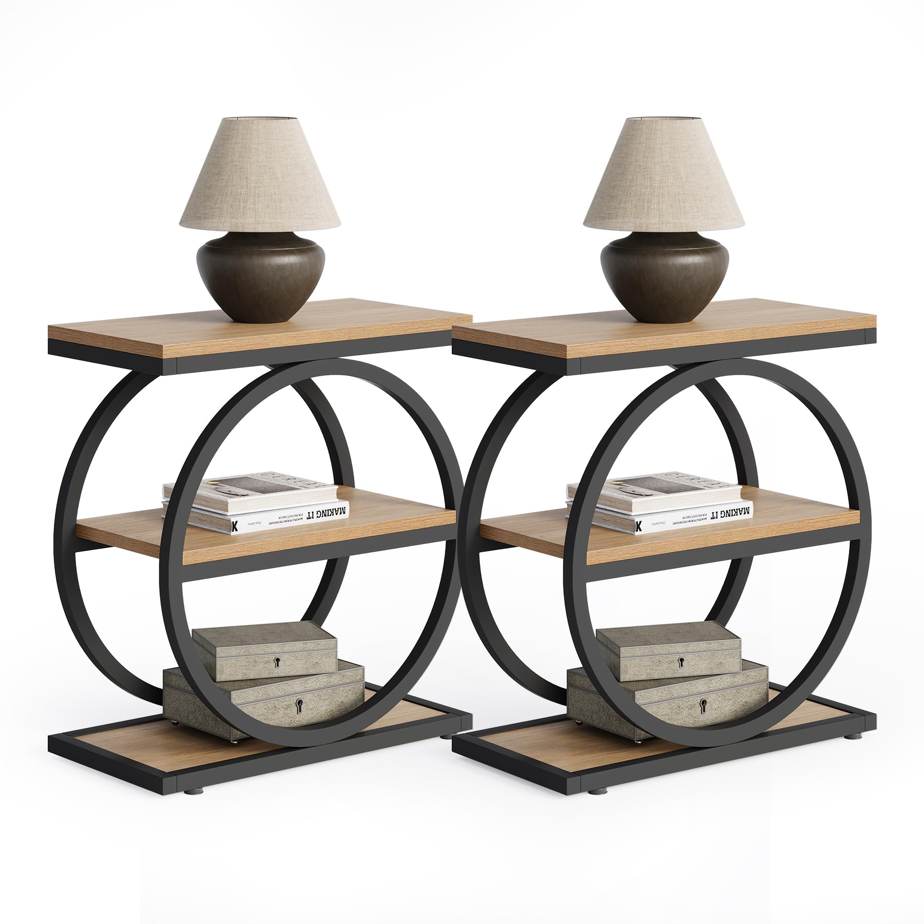 Set of 2 End Tables, 3-Tier Wooden Side Tables with Double Round Metal Legs, Slim Nightstands for Living Room, Bedroom, Oak Finish