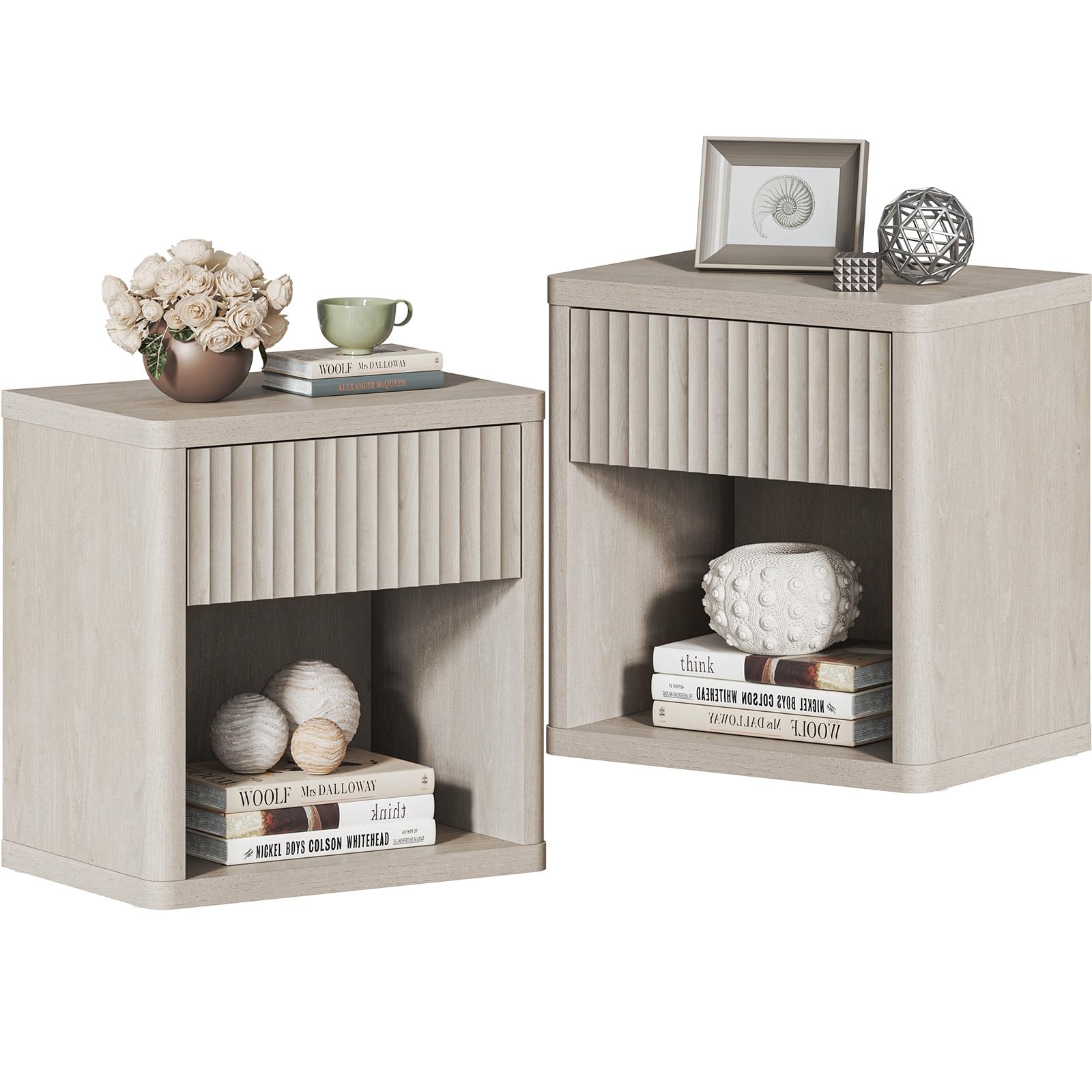 Set of 2 Modern Nightstands with Drawer Storage, Fluted Bedside Tables, Wide Mid-Century End Tables for Bedroom, Living Room, White Alder