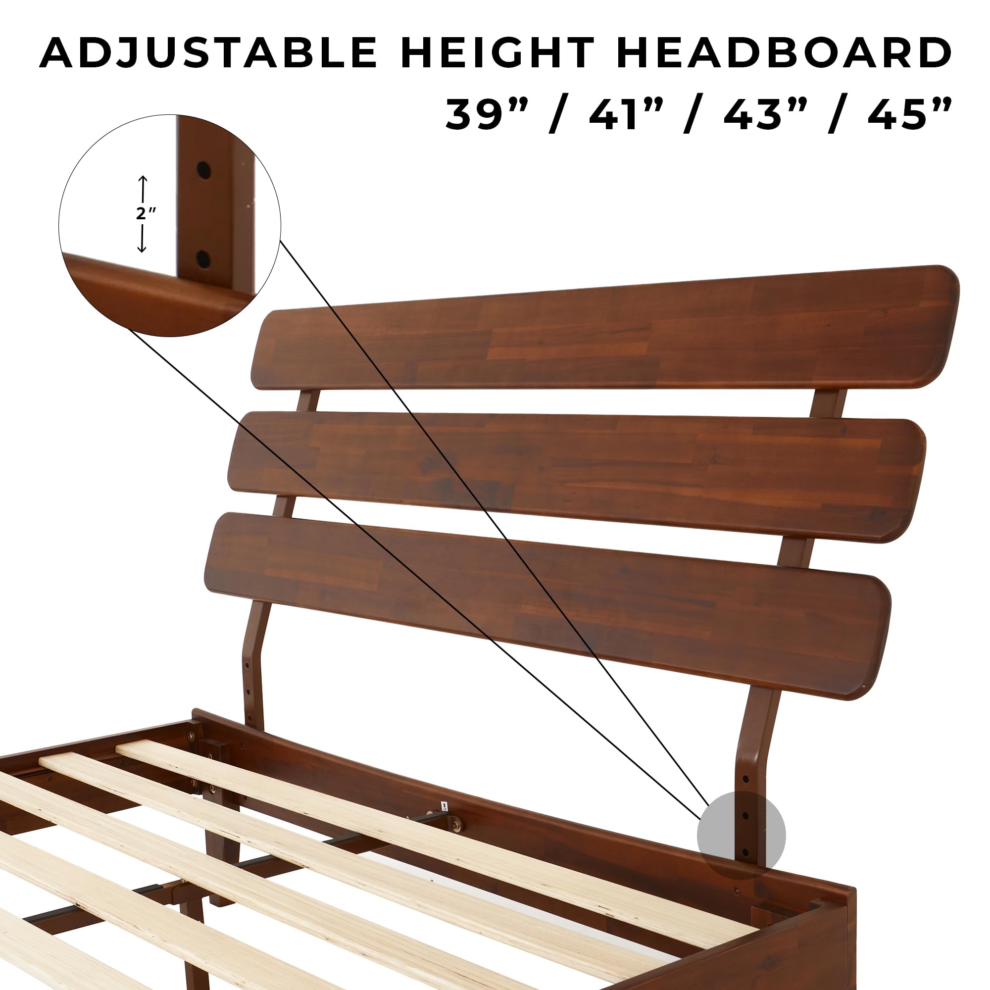 Caden 15 Inch Deluxe Bed Frame with Adjustable Headboard - Mid Century, Retro Style with Acacia Wood -  - 12 Strong Wood Slat Support -