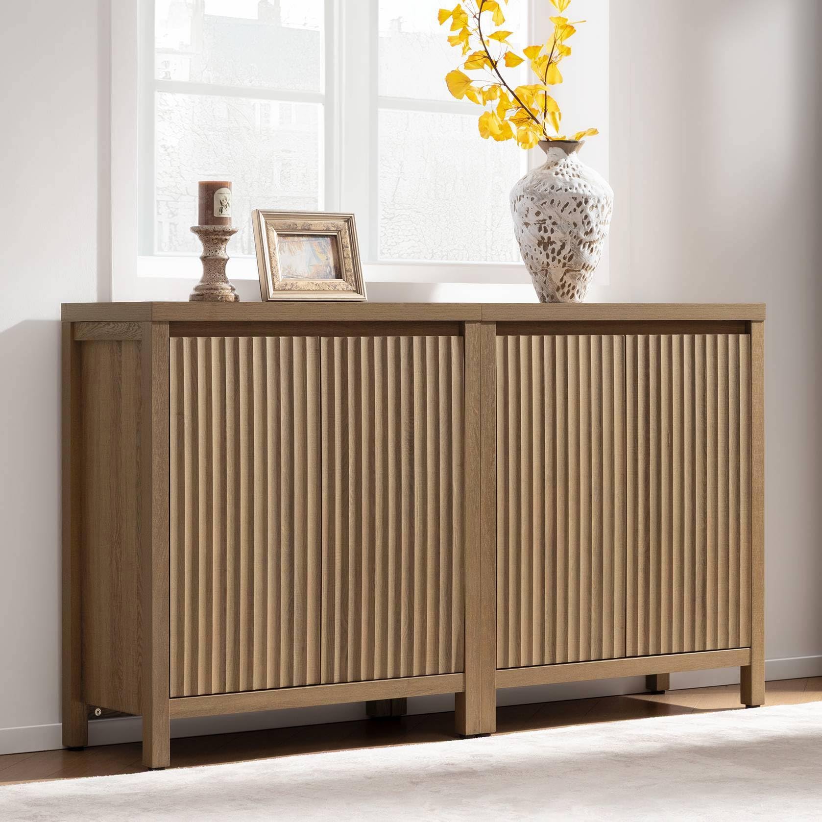 Sideboard Buffet Cabinet with Storage, Fluted Credenza Console Cabinet with Adjustable Shelves, Farmhouse Coffee Bar Storage Cabinets