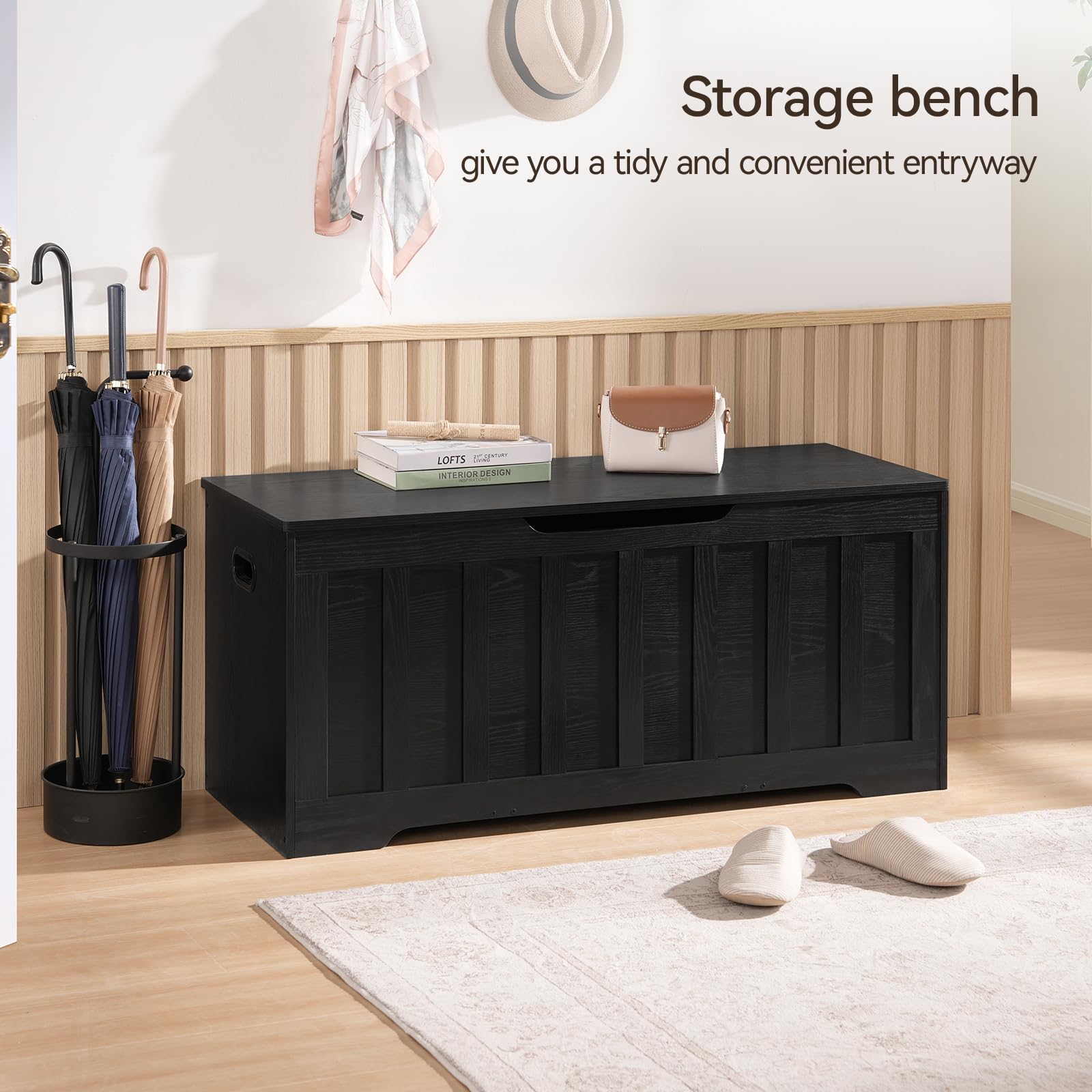 43.3" Extra Large Storage Chest Bench, Wooden Trunk with 2 Safety Hinges, Shoe Bench for Bedroom, Entryway, Living Room, Easy Assembly, Black