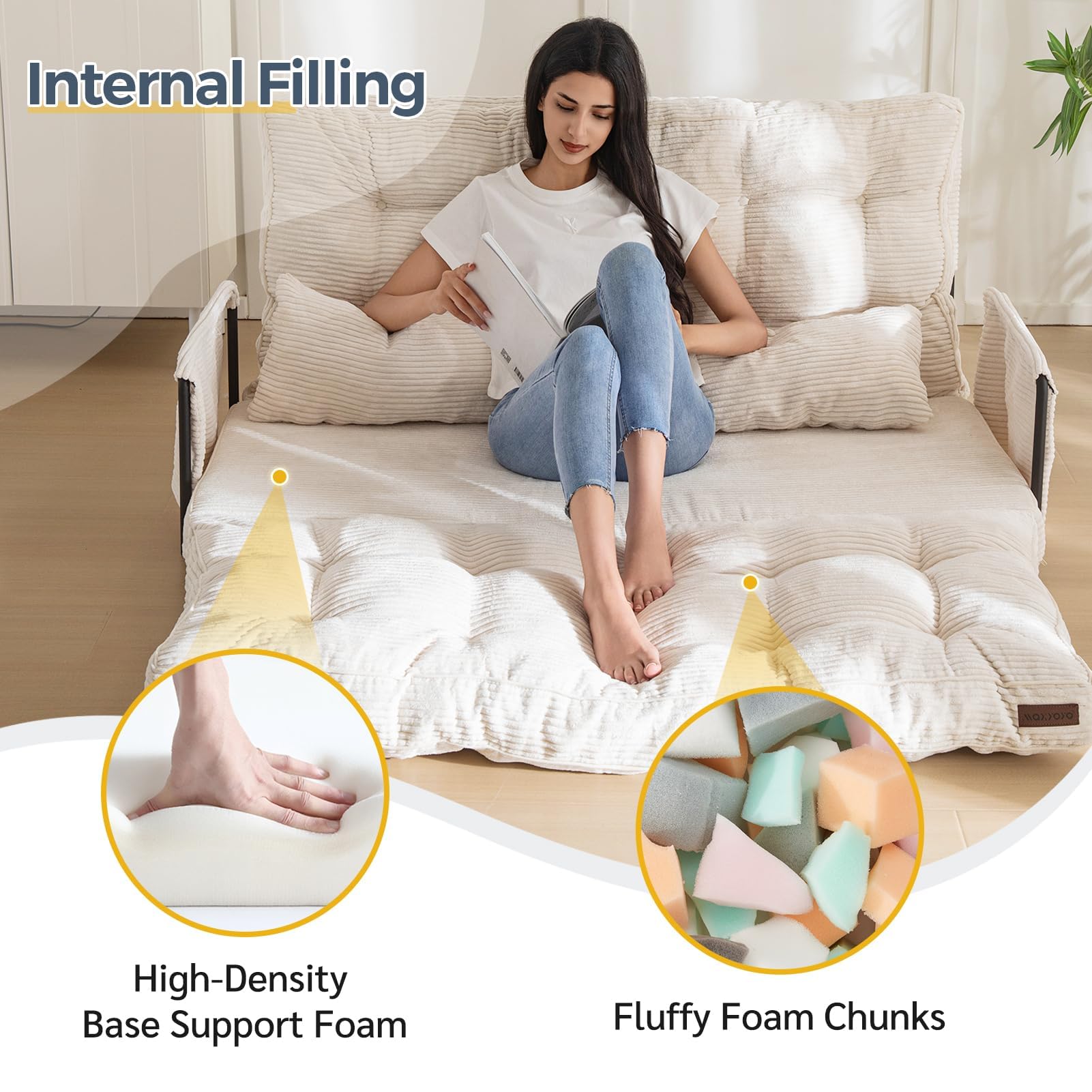 Adjustable Floor Sofa Couch with 2 Pillows, 5-Position Foldable Sleeper Bed, Lazy Bean Bag Sofa for Reading, Gaming, Beige, Double Size