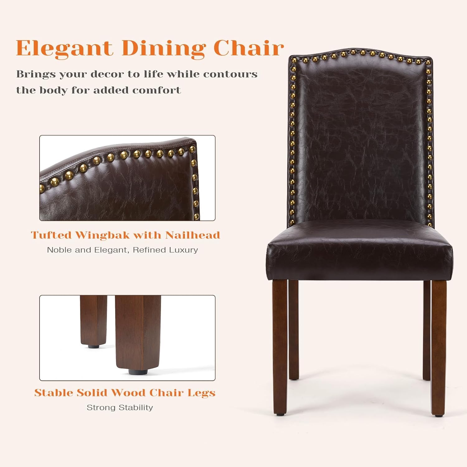 Dining Chairs Set of 2, PU Leather Upholstered Mid Century Modern High-End Dining Room Side Chair with Nailhead Trim and Solid Wood Legs