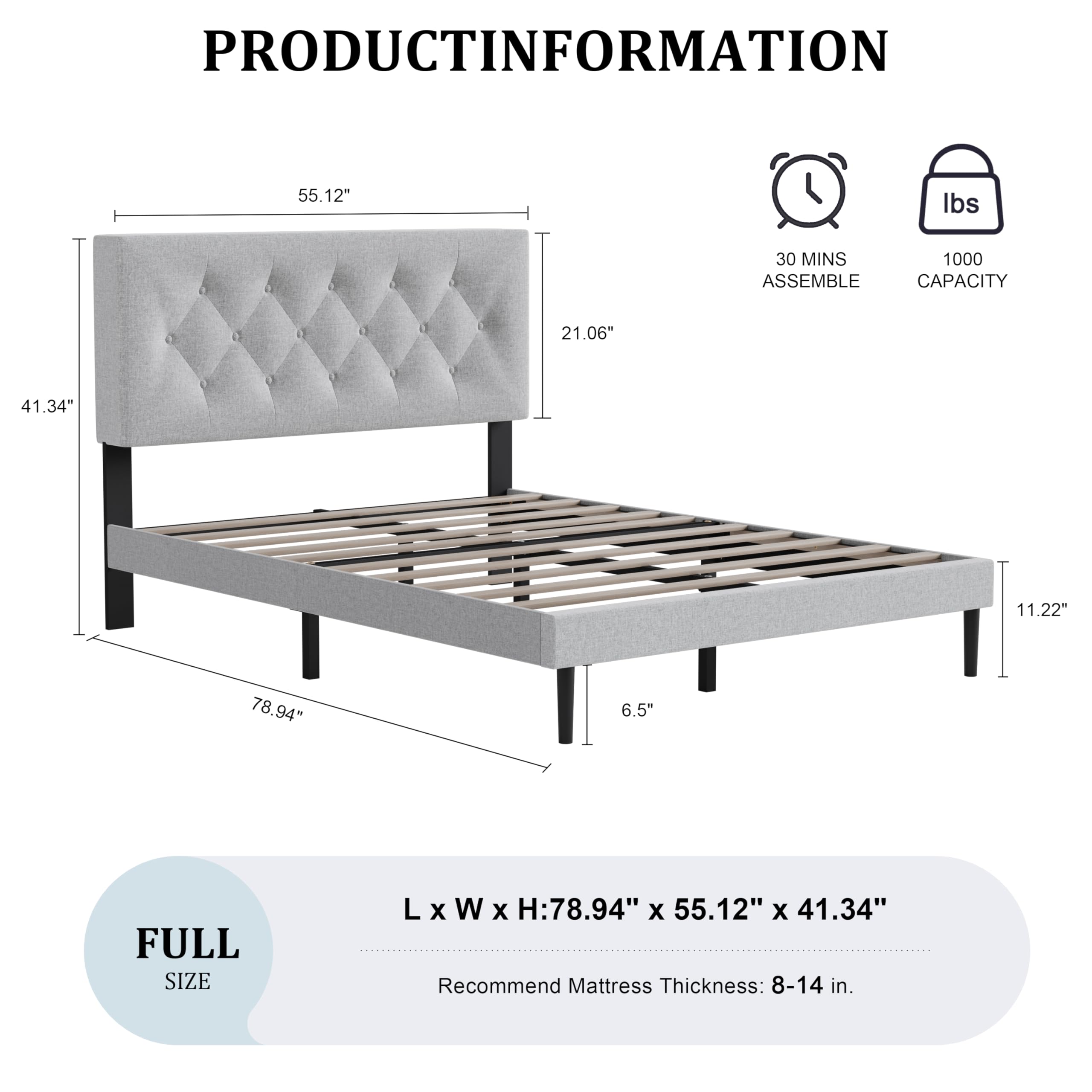 Full  with Fabric Button Upholstered Headboard and Wooden Slat Support, Sturdy Frame No Spring Mattress Required, Noiseless , Modern Bedroom