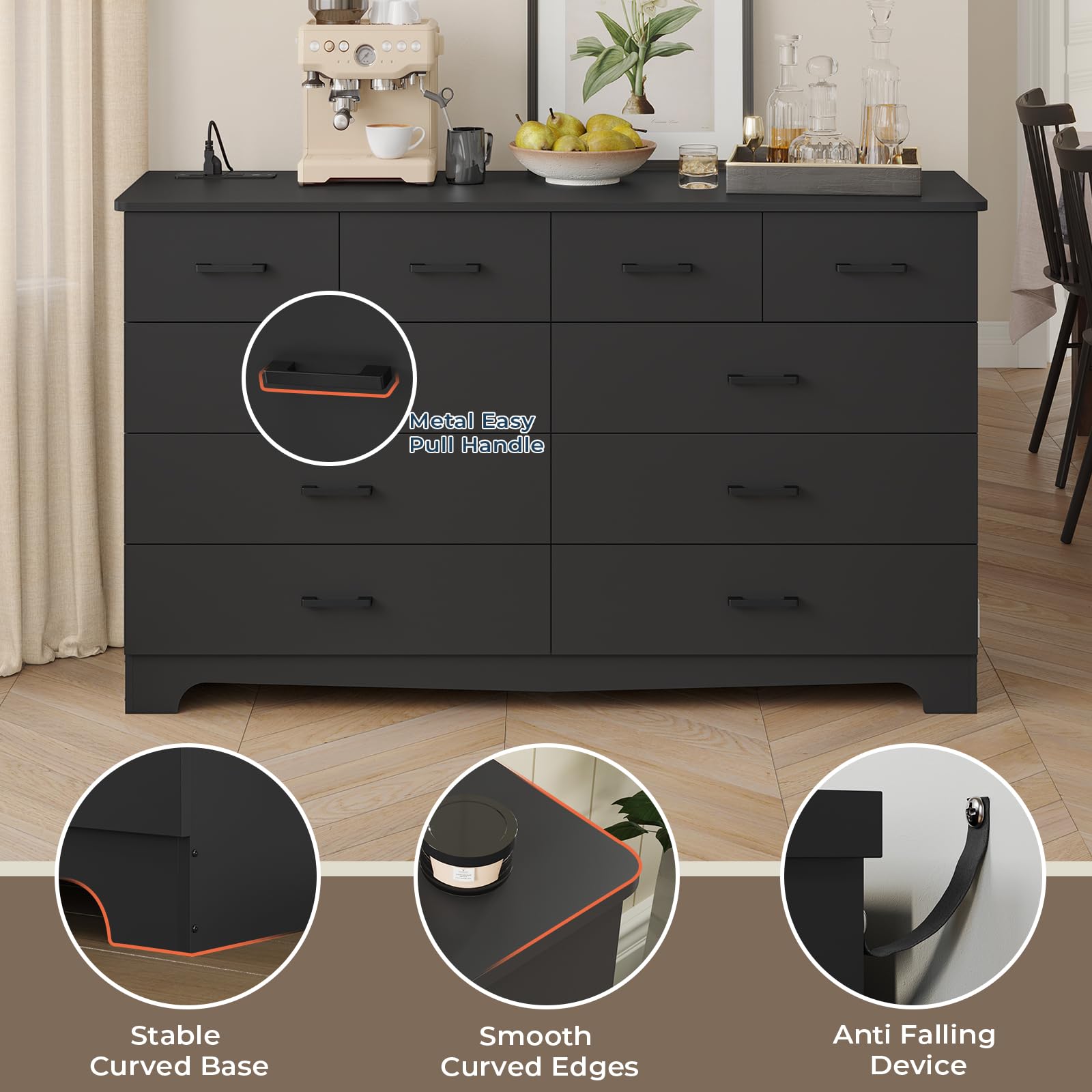 Black 10 Drawer Dresser with Power Outlets, 55" Wide Chest of Drawers TV Stand for Bedroom, Living Room, Storage Organizer