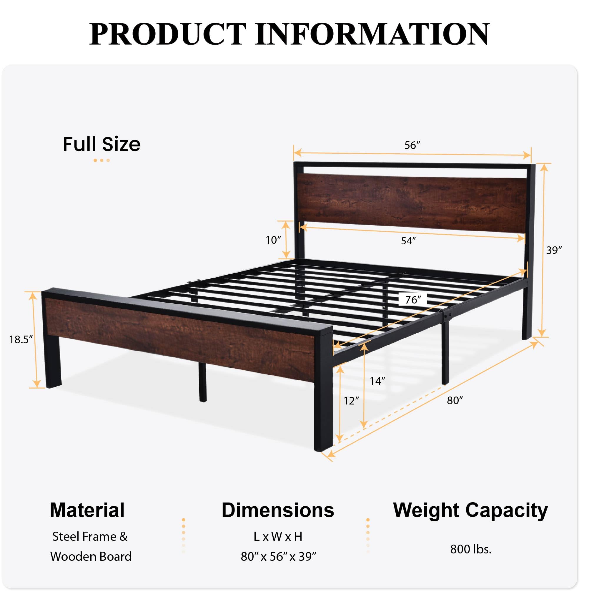14 Inch Full Size Metal  with Wooden Headboard and Footboard, , , Large Under Bed Storage, Non-Slip Without Noise, Mahogany