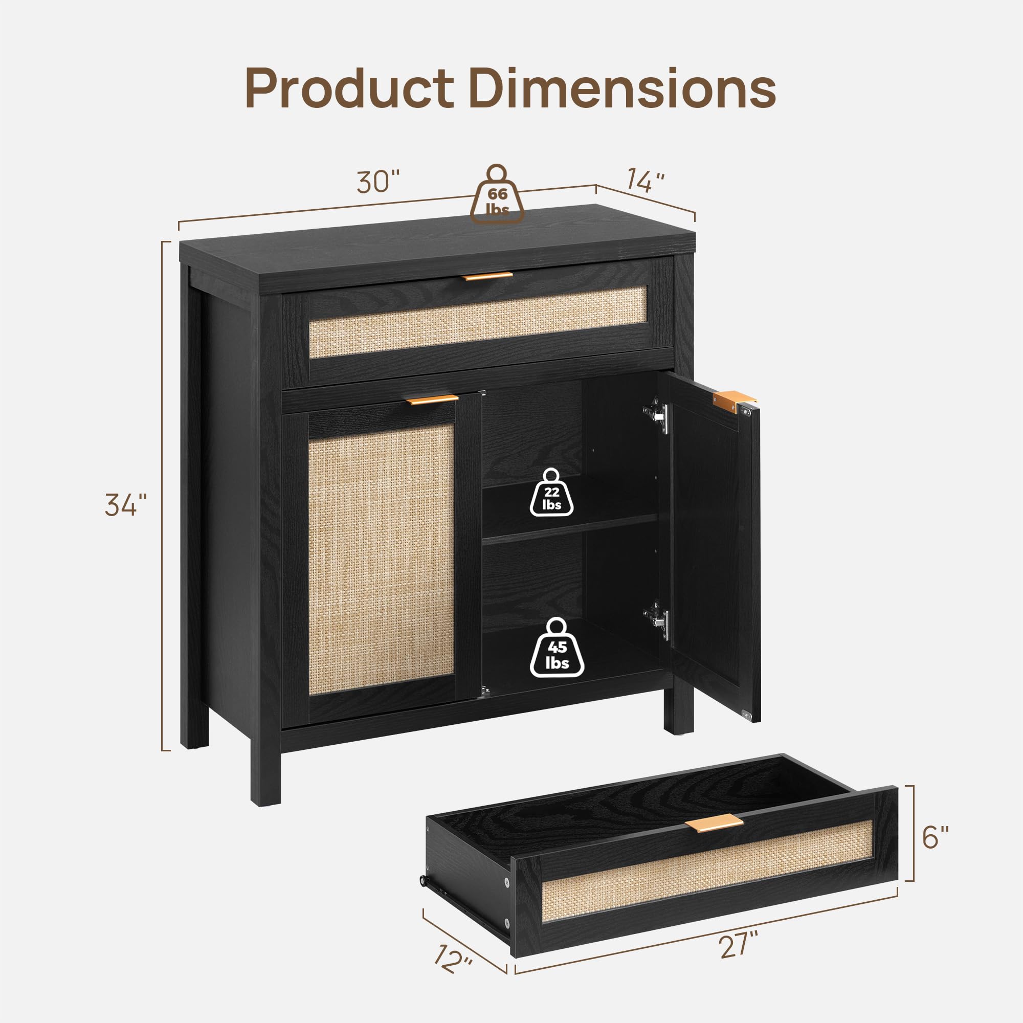 Sideboard Buffet Storage Cabinet Set of 2, Rattan Credenza Buffet Table, Modern Console Accent Cabinet with Doors and Drawer, Coffee Bar
