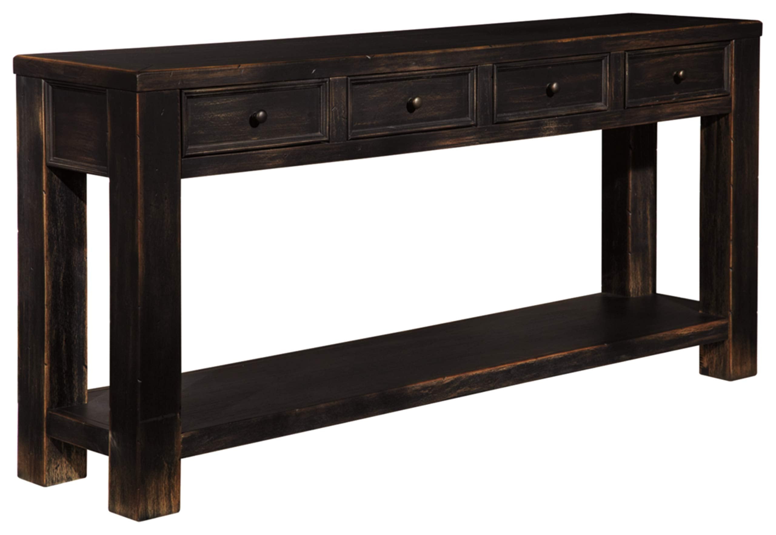 Design by Ashley Gavelston Rustic Sofa Table with 4 Drawers and Lower Shelf, Weathered Black