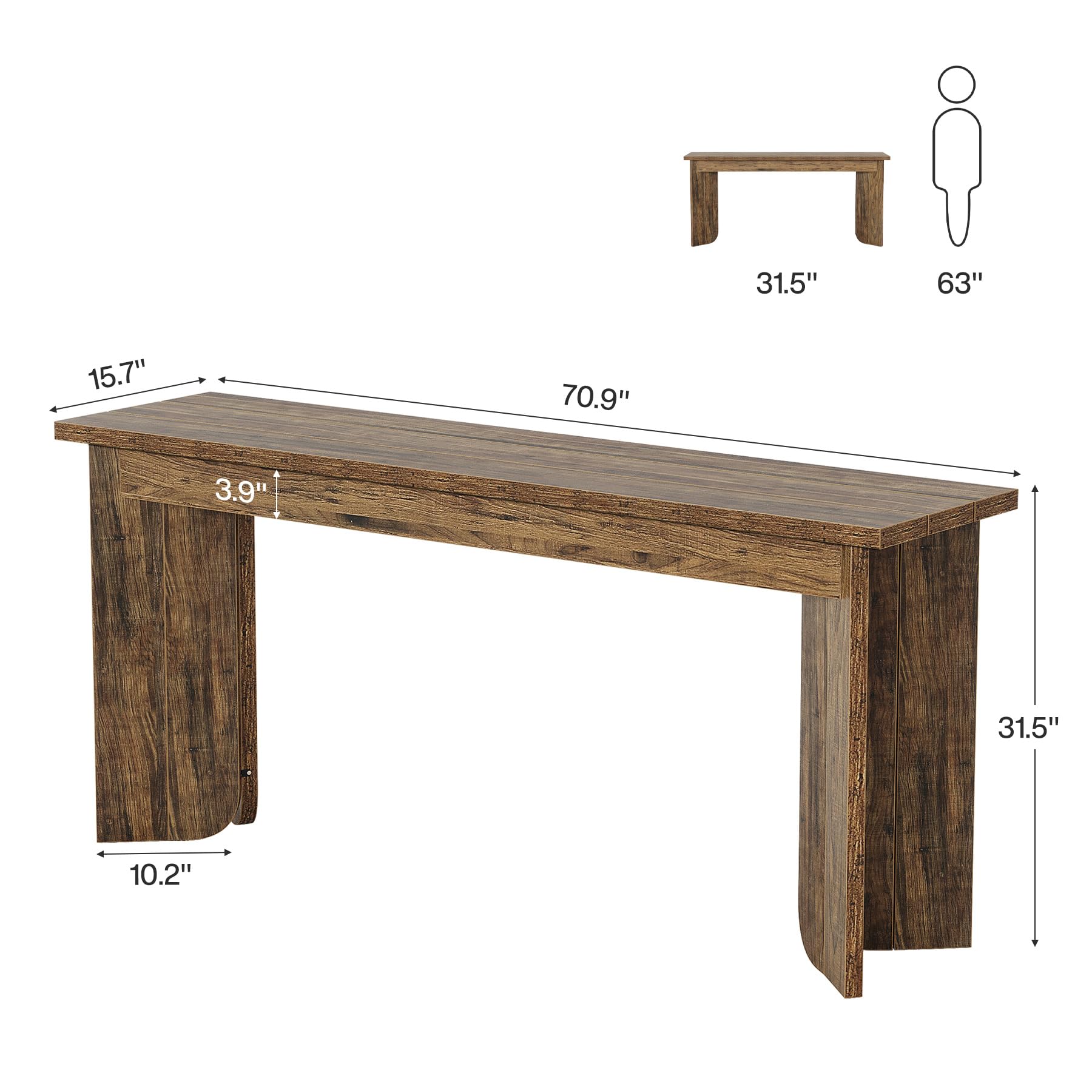 70.9" Wooden Sofa Console Table, Extra Long Farmhouse Entryway Table with Widened Top & Double Pedestal Base for Living Room, Rustic Brown