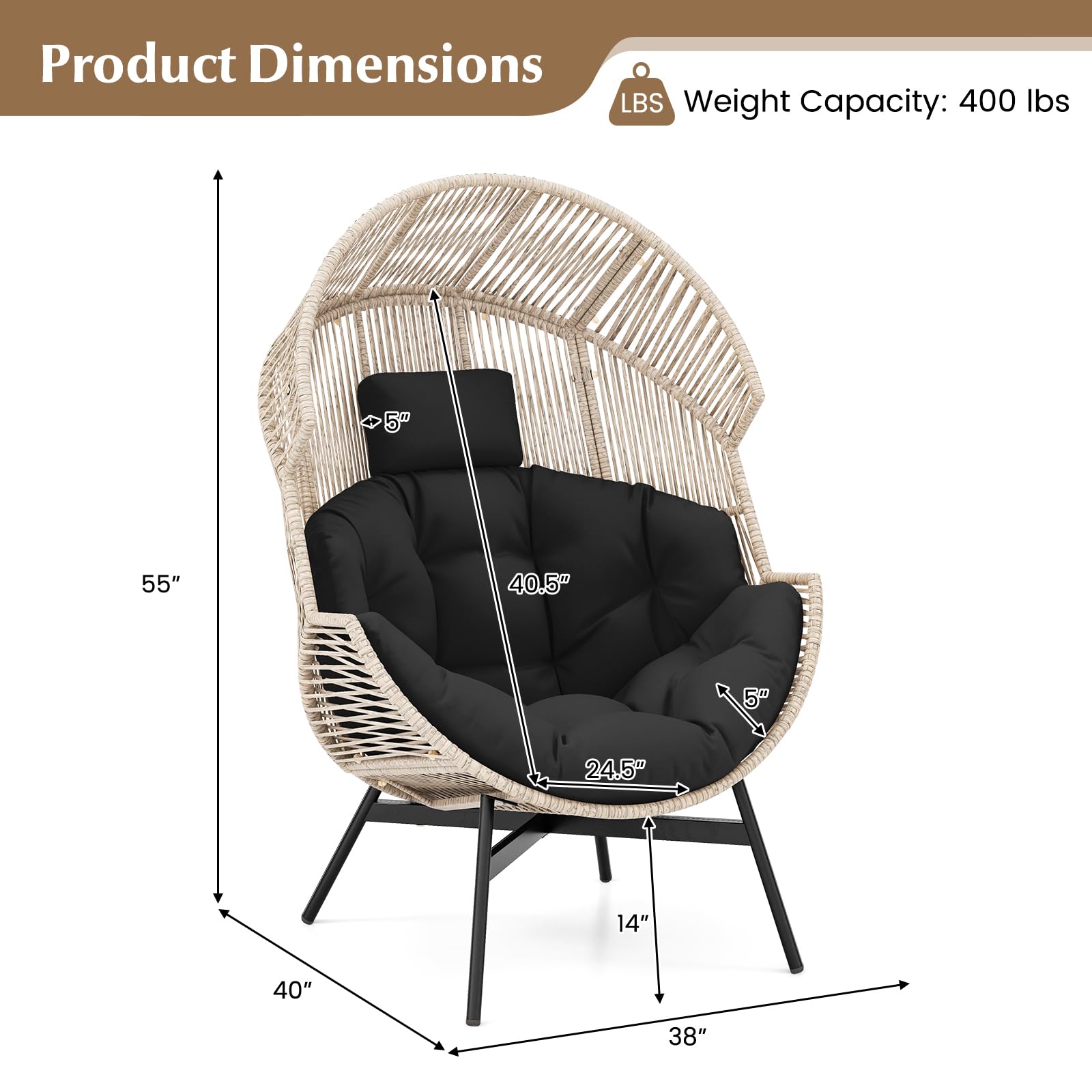 Oversized Wicker Egg Chair with Cushions & Headrest, Stationary Patio Basket Lounge Chair, Heavy-Duty Frame for Porch, Yard, Living Room