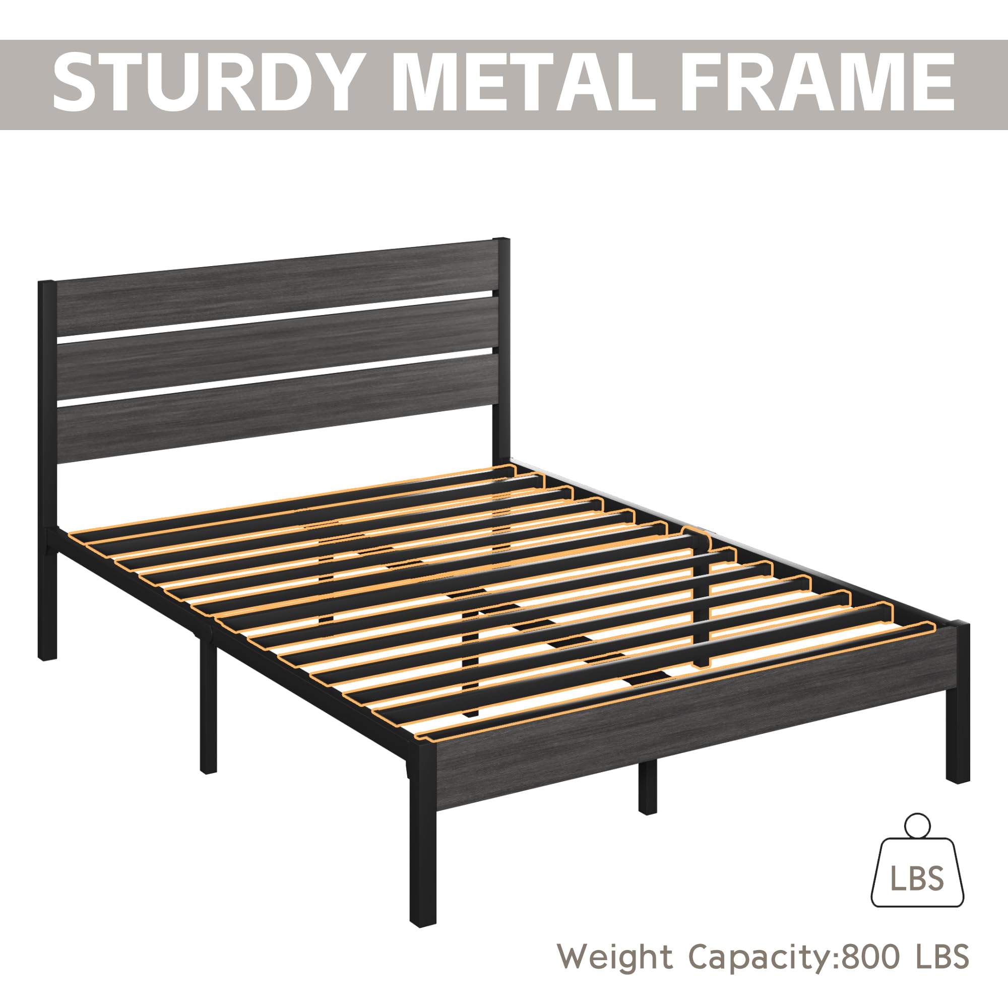 Queen Bed Frame with Headboard and Footboard, Metal Platform Bed Frame with Under Bed Storage, All-Metal Support System, , ,Rustic Grey